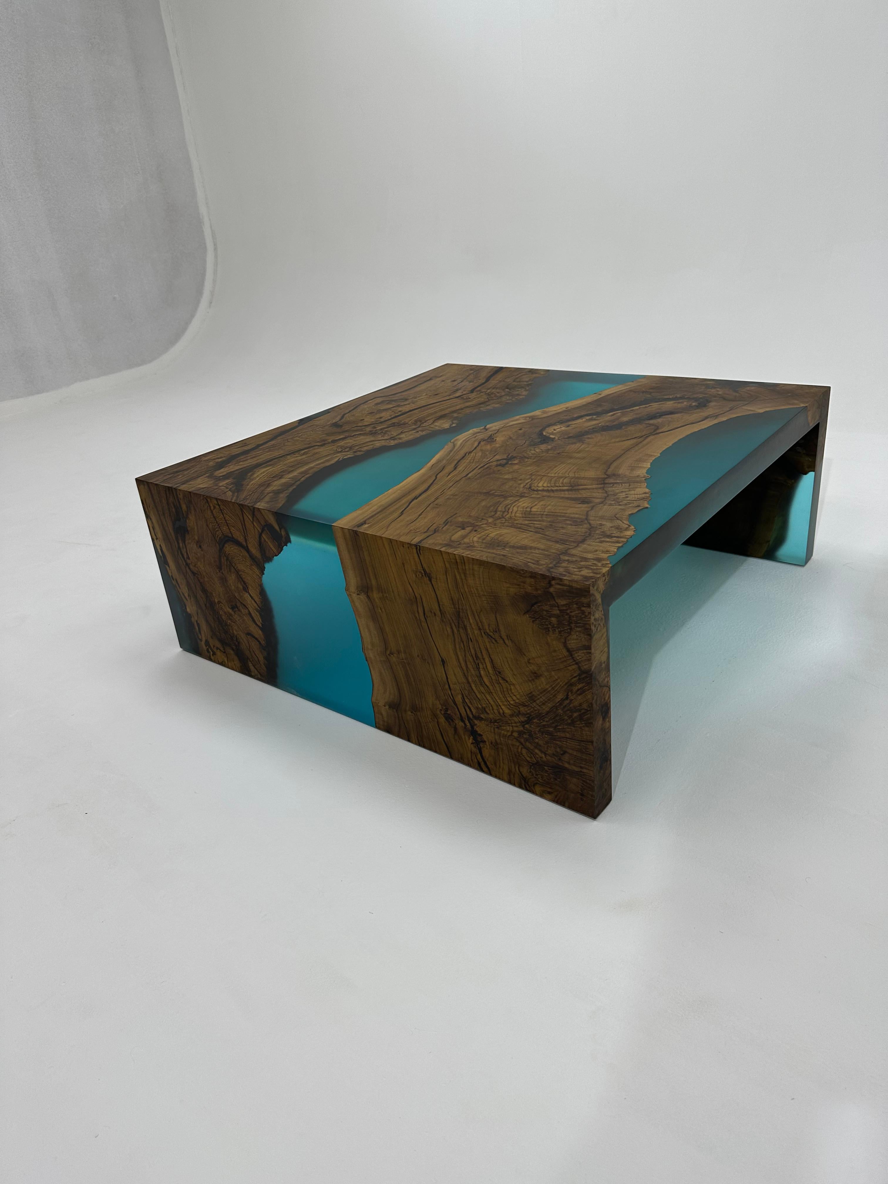 Blue Waterfall Epoxy Resin Coffee Table With Ancient Walnut Wood For Sale 1