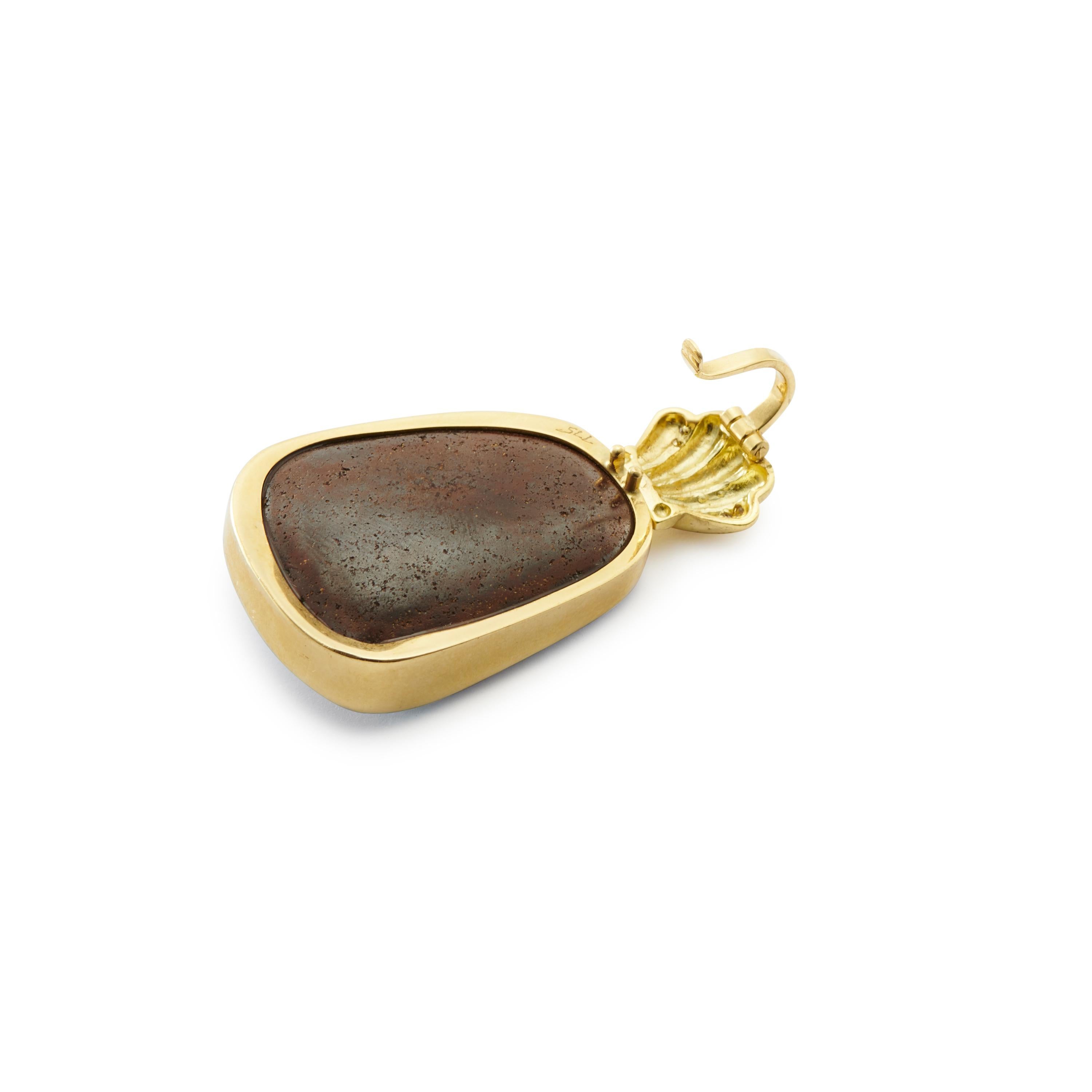 Contemporary Blue Waters Boulder Opal Pendant with 18 Karat Gold and Diamond Scallop Shell For Sale