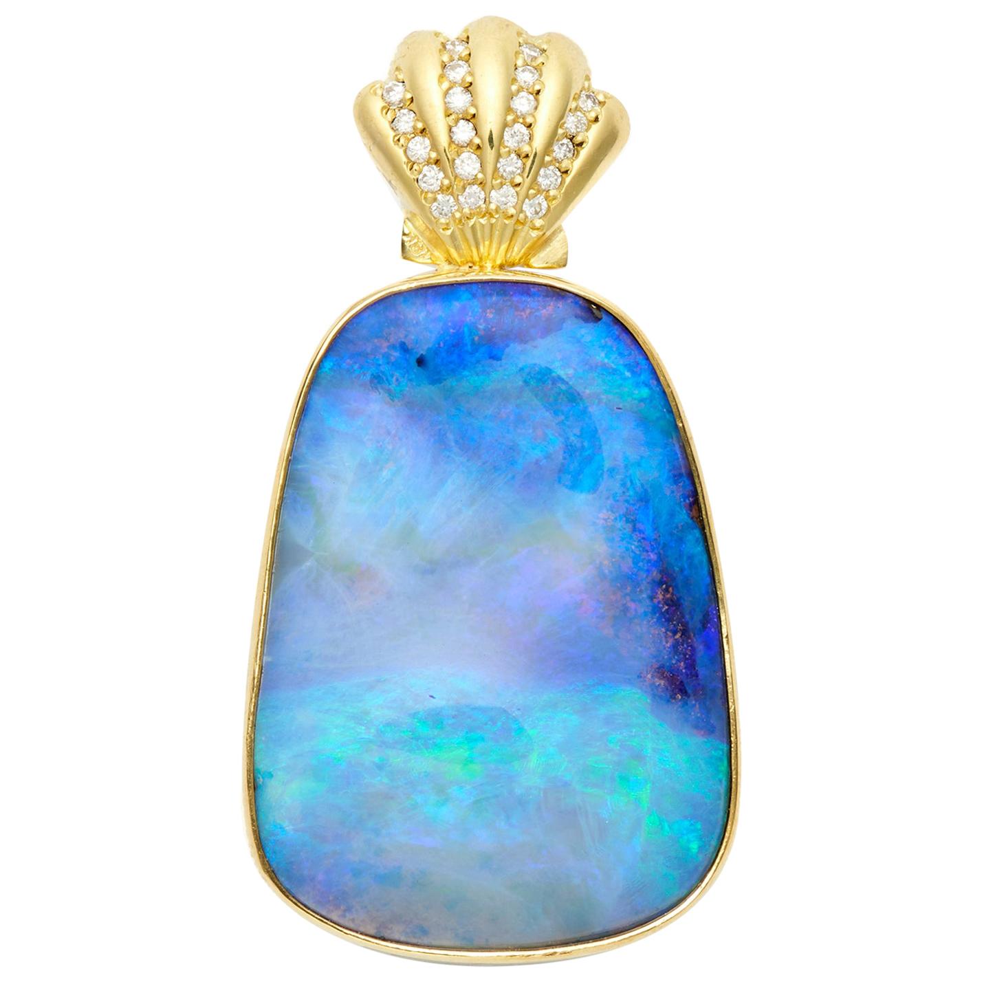 Blue Waters Boulder Opal Pendant with 18 Karat Gold and Diamond Scallop Shell For Sale