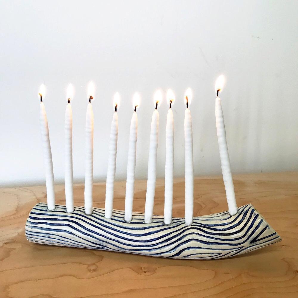 Hand-Carved Blue Wave Hand-Built Ceramic Menorah by Re/Press Editions - Large For Sale