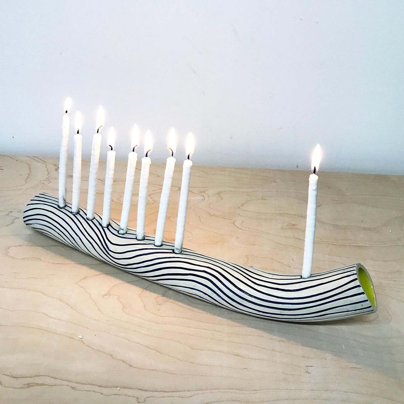 American Blue Wave Hand-Built Ceramic Menorah by Re/Press Editions, Standard Size For Sale