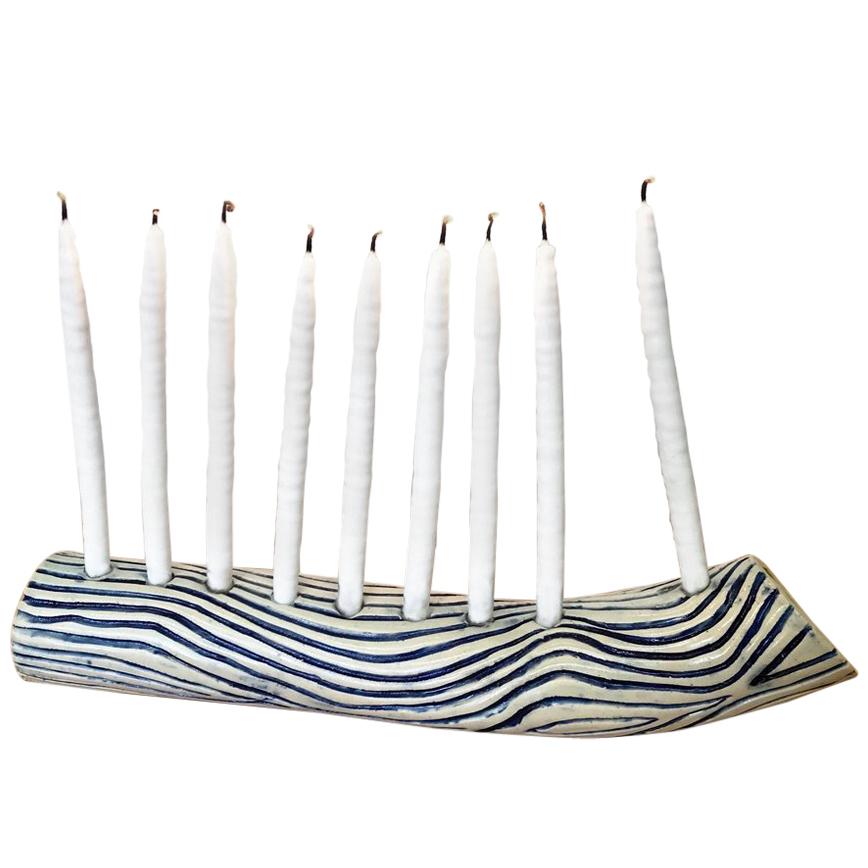 Blue Wave Hand-Built Ceramic Menorah by Re/Press Editions, Standard Size For Sale