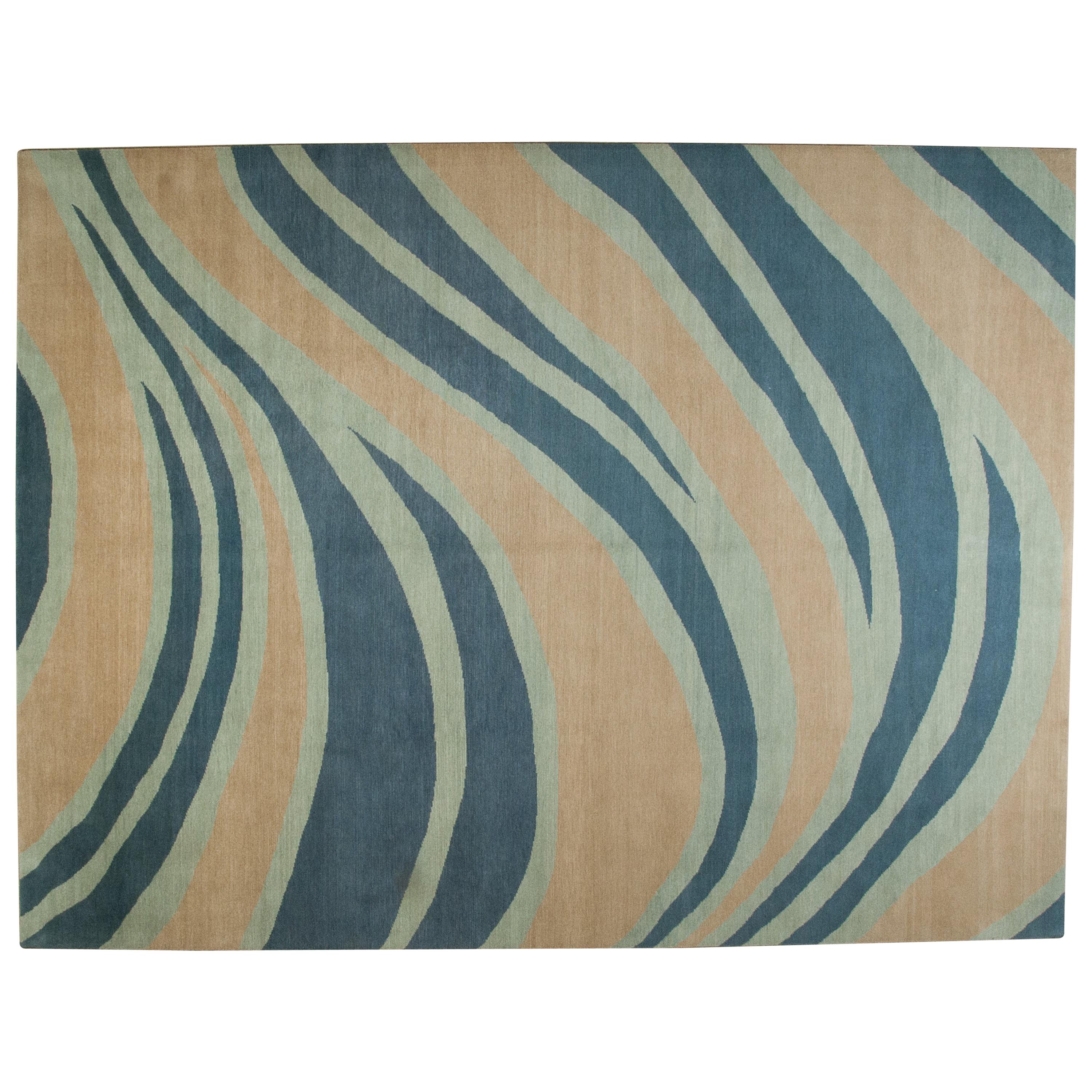 Blue Wave Wool Area Rug For Sale
