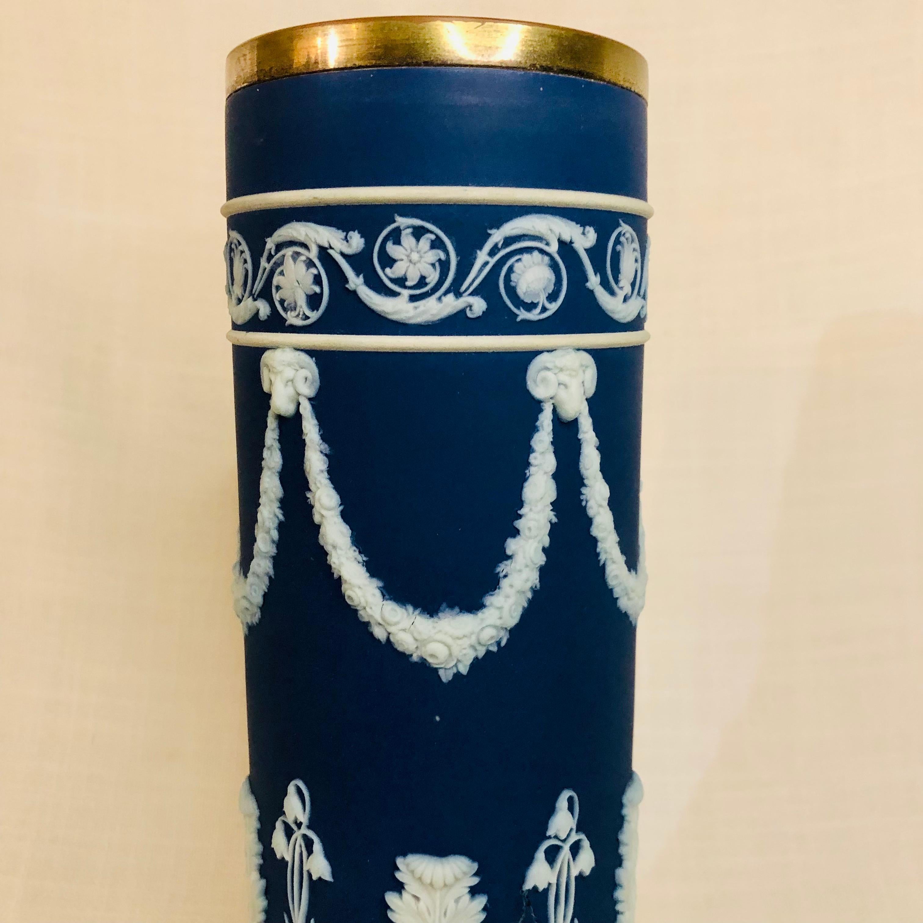 Blue Wedgwood Jasperware Vase Decorated With Rams Heads & Lilies of the Valley 2