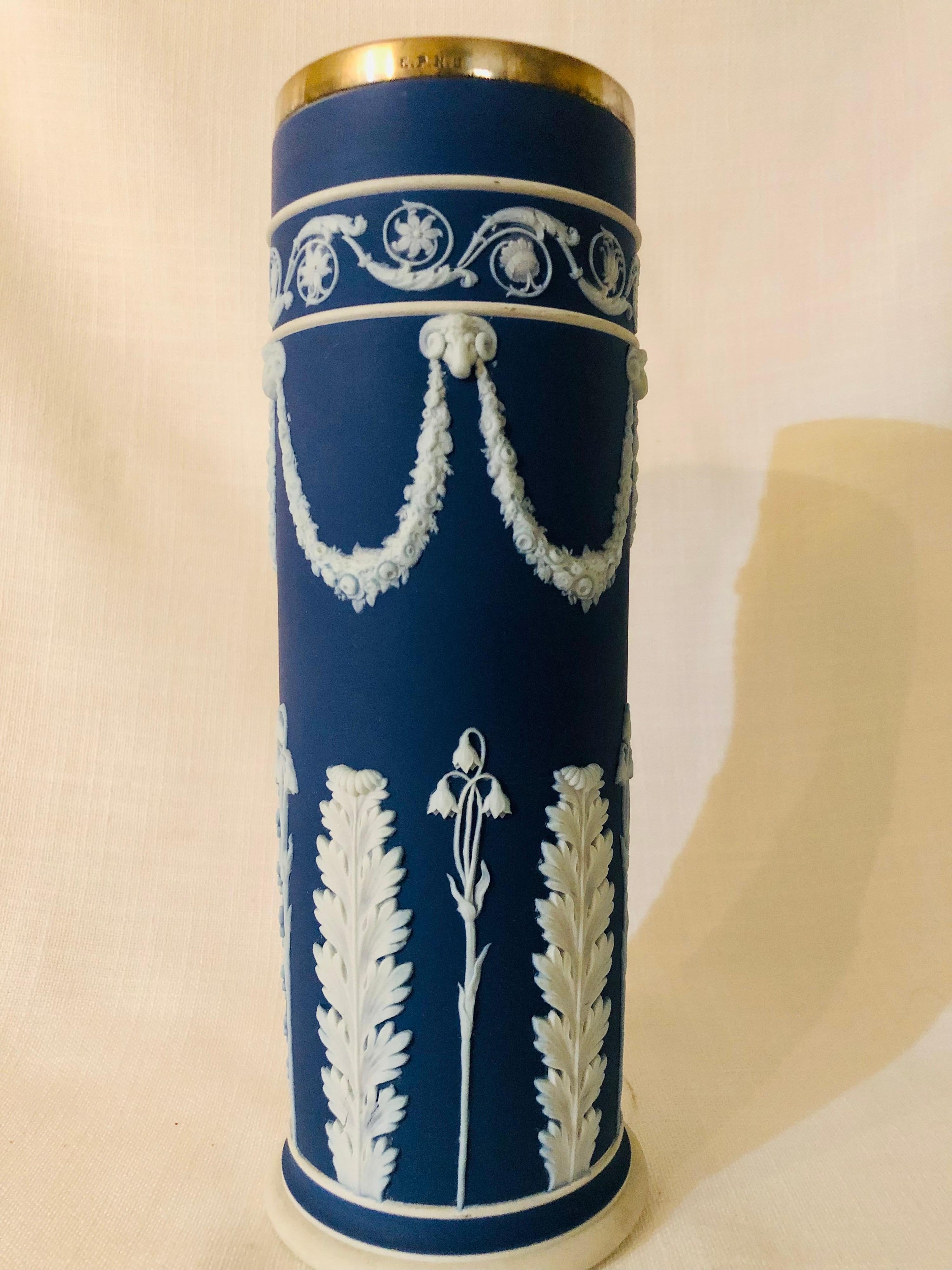 Neoclassical Blue Wedgwood Jasperware Vase Decorated With Rams Heads & Lilies of the Valley