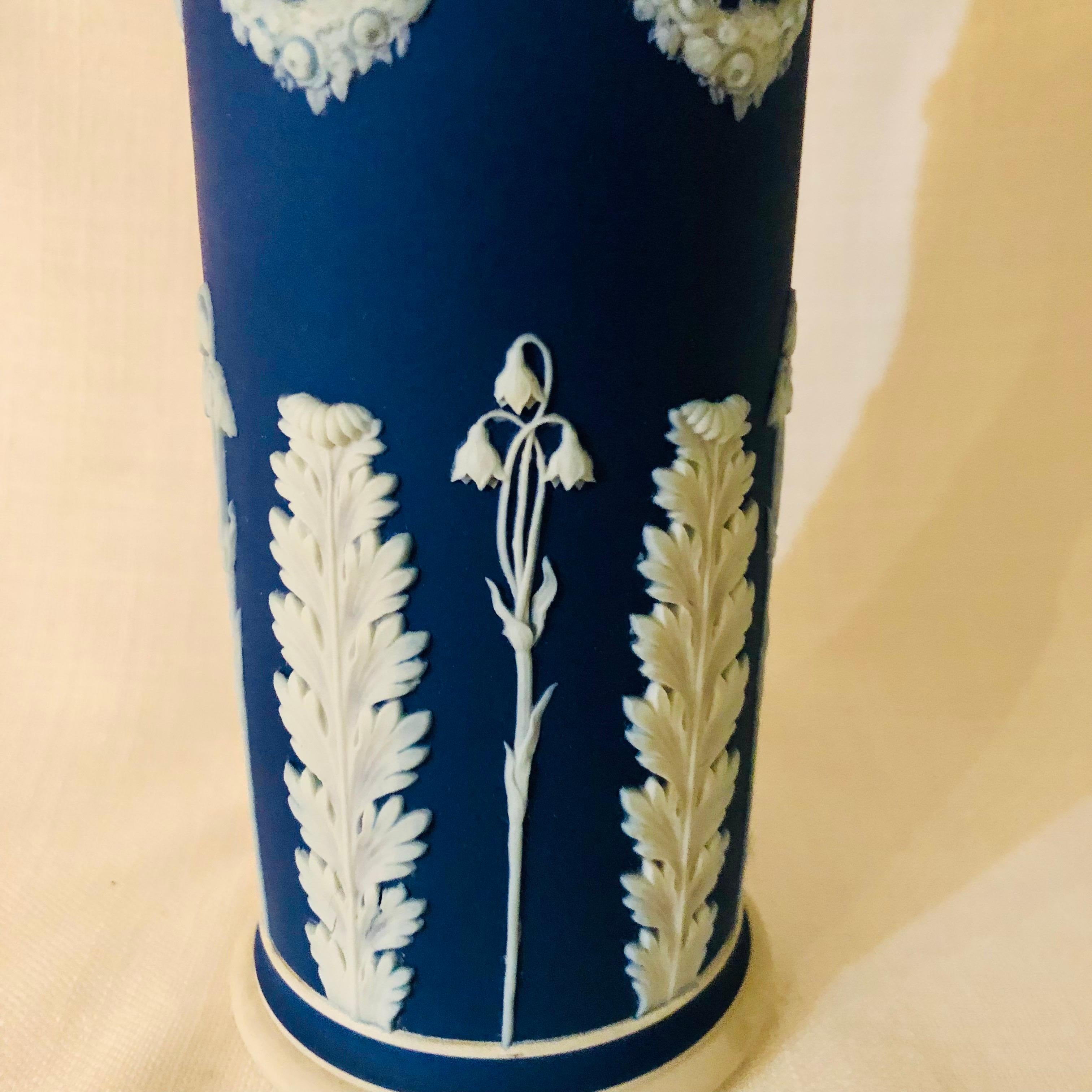 English Blue Wedgwood Jasperware Vase Decorated With Rams Heads & Lilies of the Valley