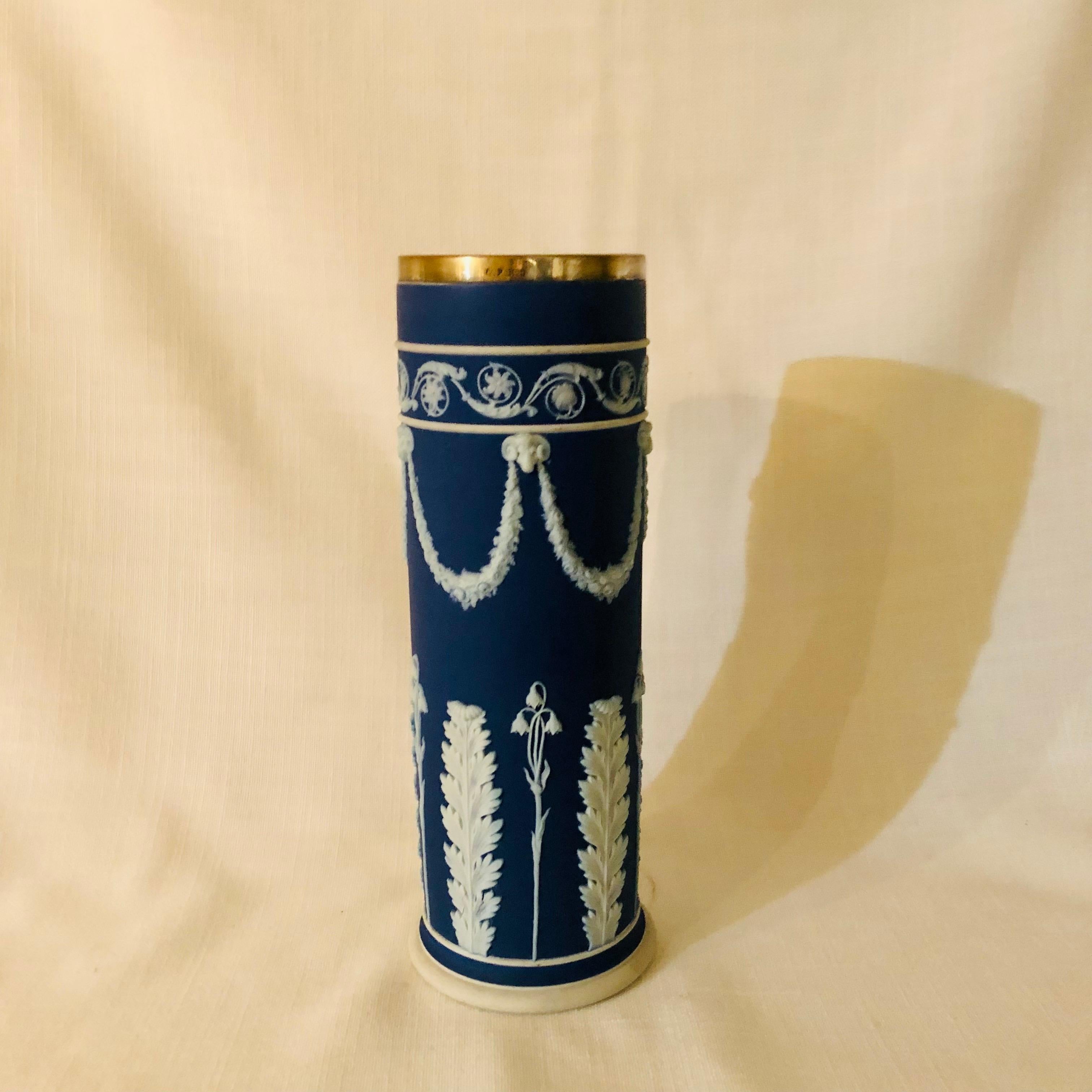 Blue Wedgwood Jasperware Vase Decorated With Rams Heads & Lilies of the Valley In Good Condition In Boston, MA