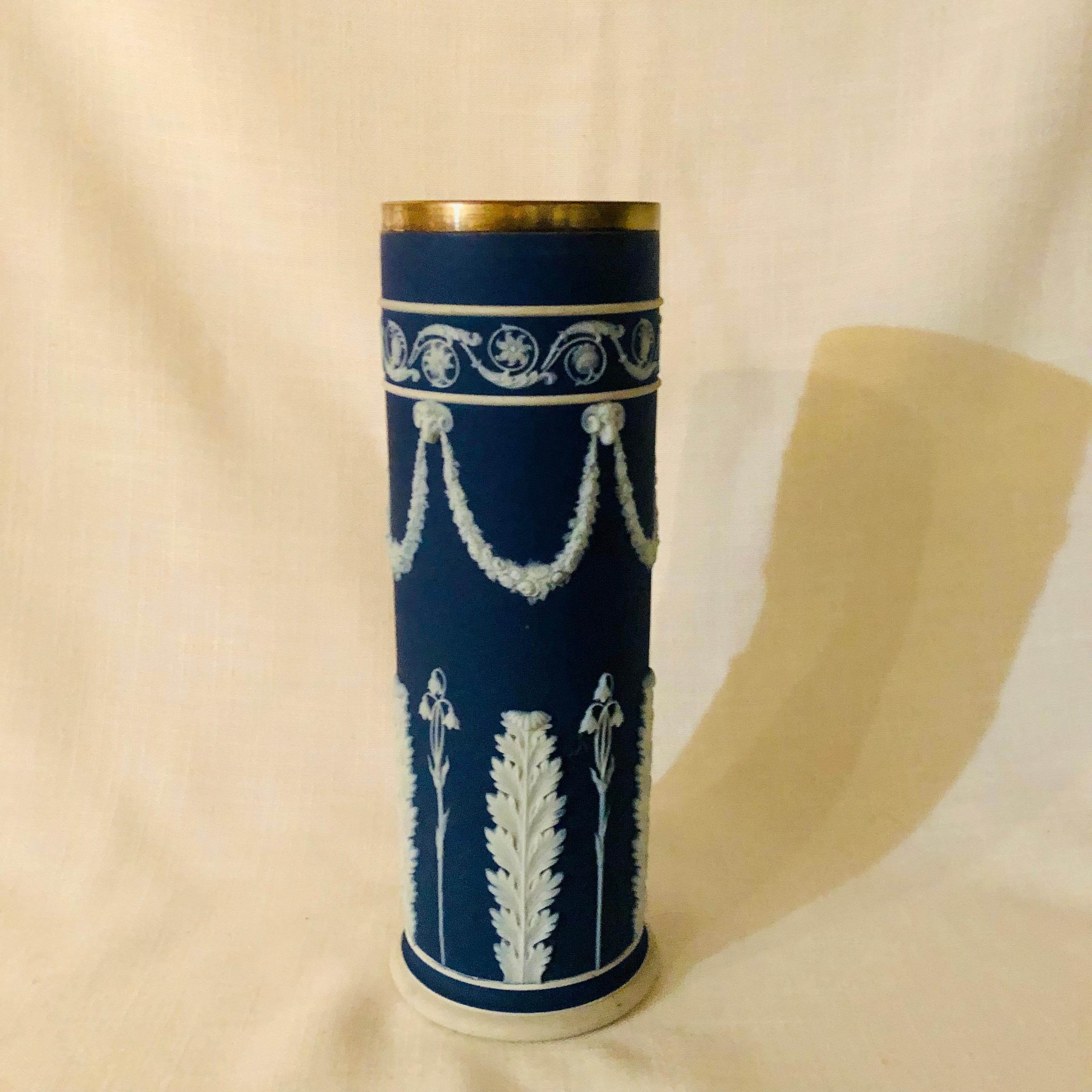 Late 19th Century Blue Wedgwood Jasperware Vase Decorated With Rams Heads & Lilies of the Valley