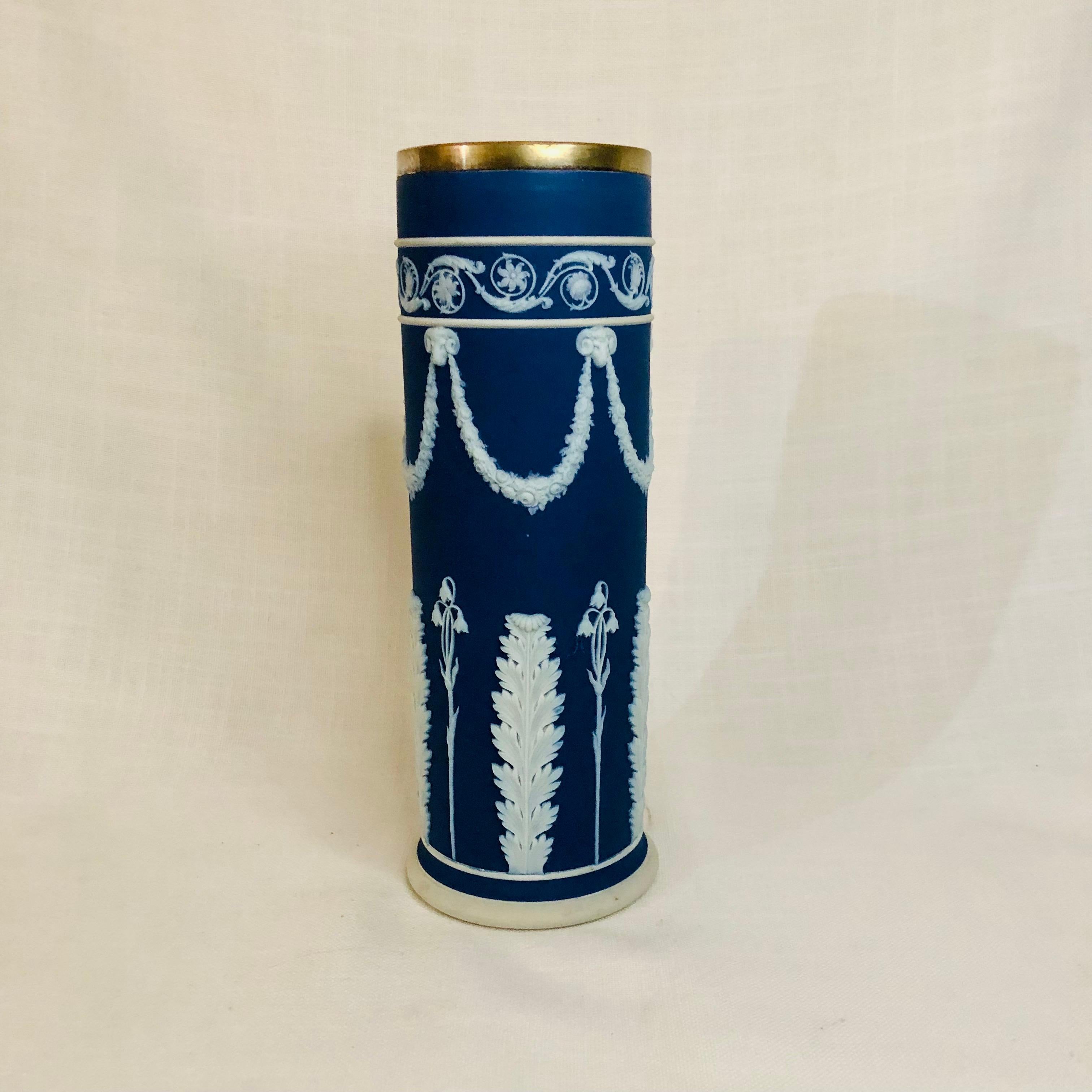 Pottery Blue Wedgwood Jasperware Vase Decorated With Rams Heads & Lilies of the Valley