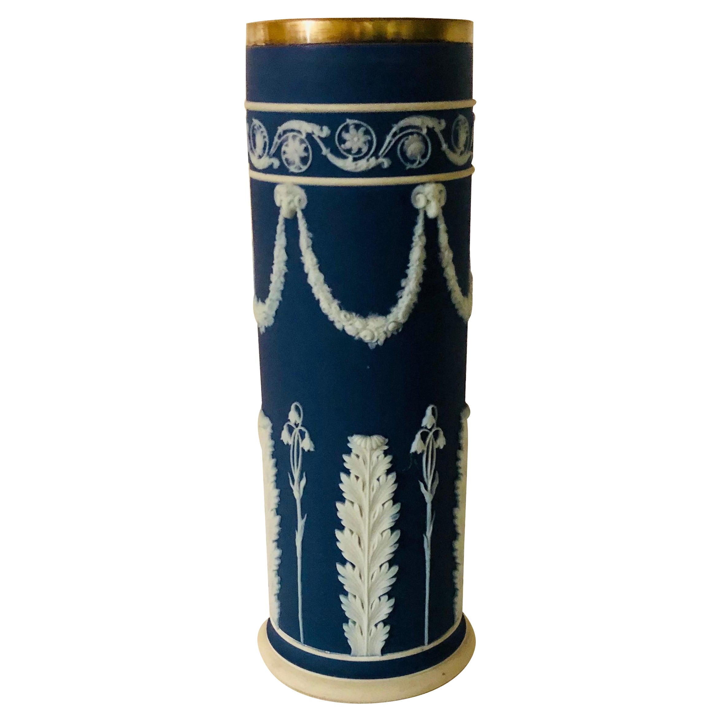 Blue Wedgwood Jasperware Vase Decorated With Rams Heads & Lilies of the Valley