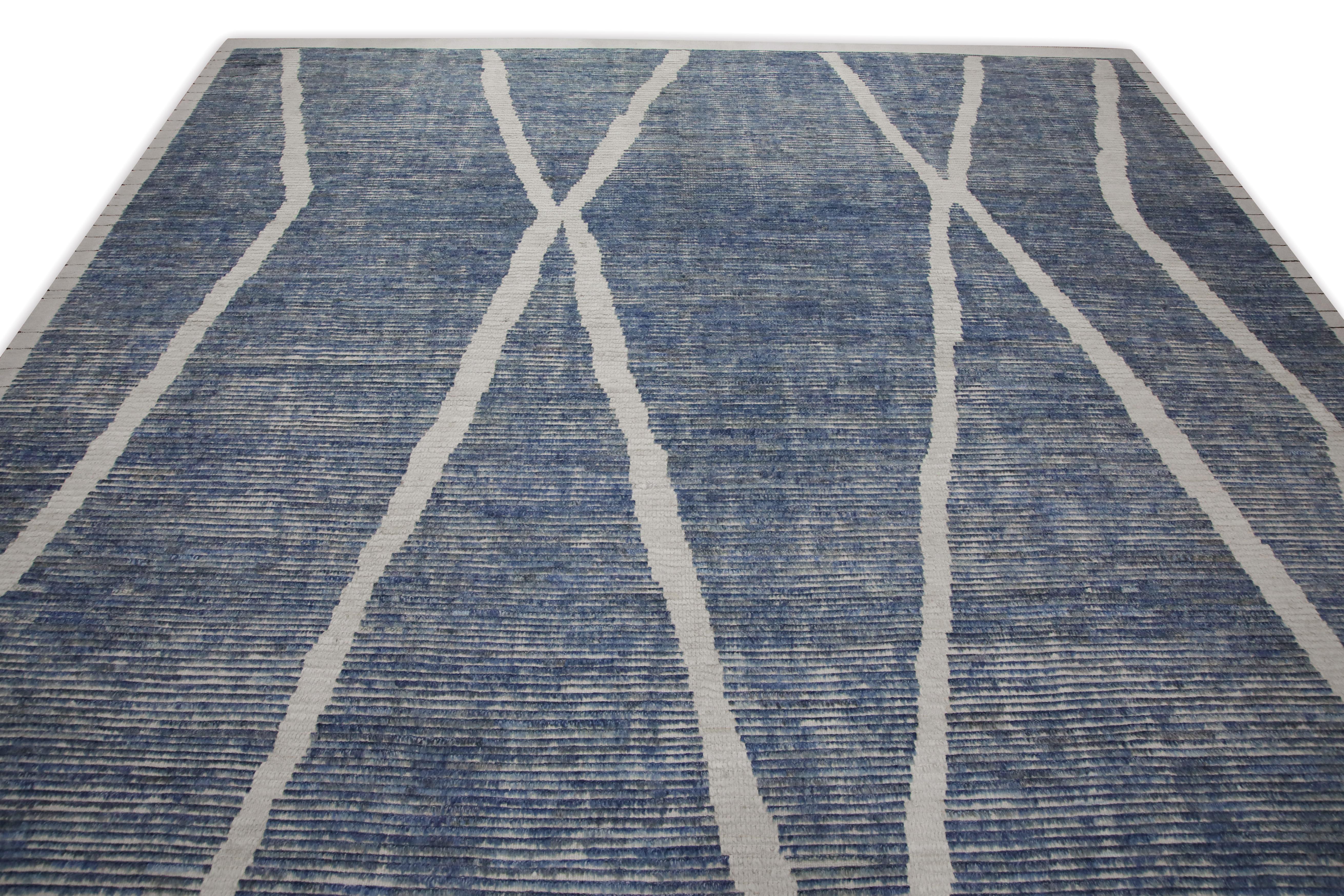 Vegetable Dyed Blue & White 21st Century Modern Moroccan Style Wool Rug 9'8