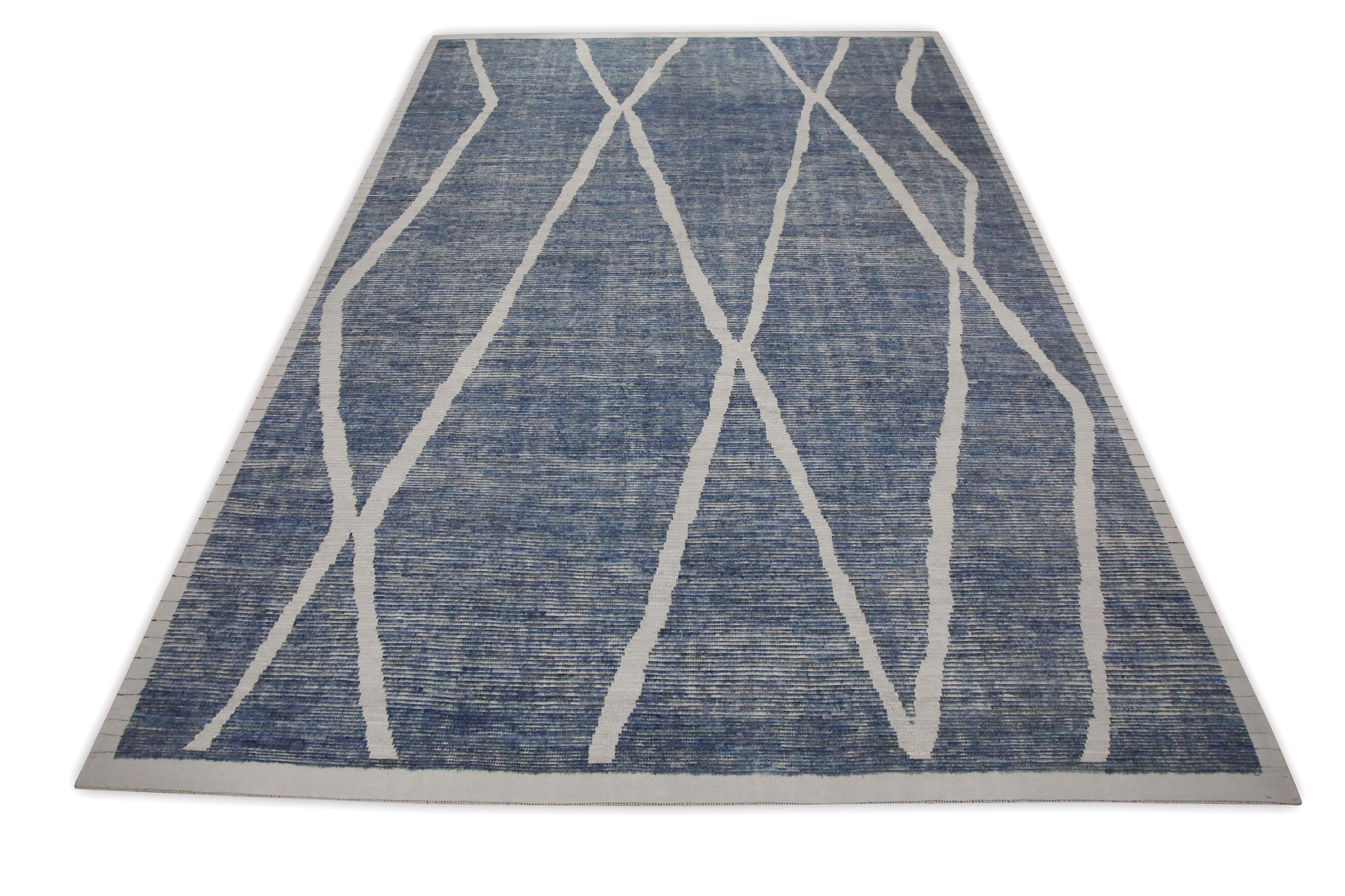 Contemporary Blue & White 21st Century Modern Moroccan Style Wool Rug 9'8