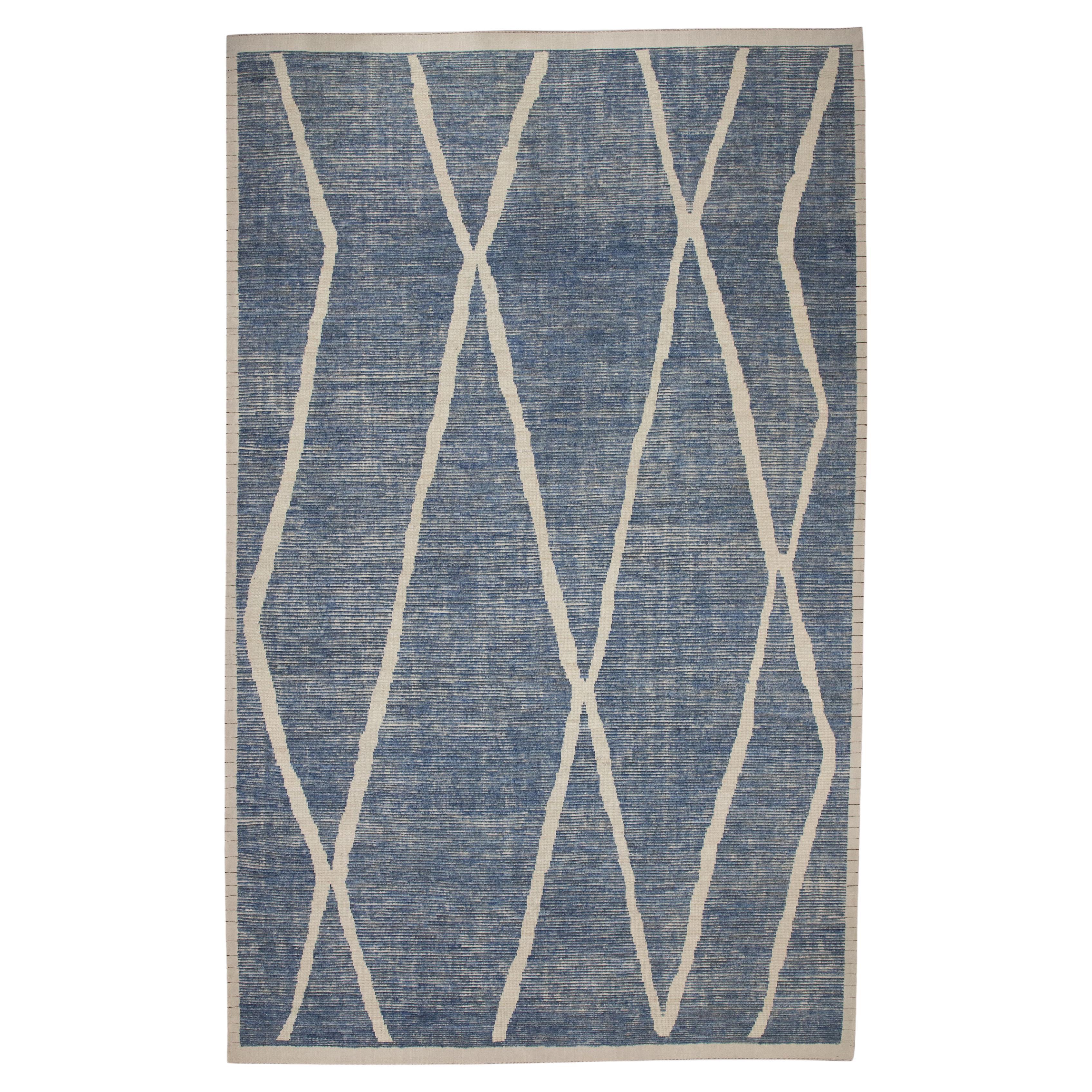 Blue & White 21st Century Modern Moroccan Style Wool Rug 9'8" X 14'7" For Sale