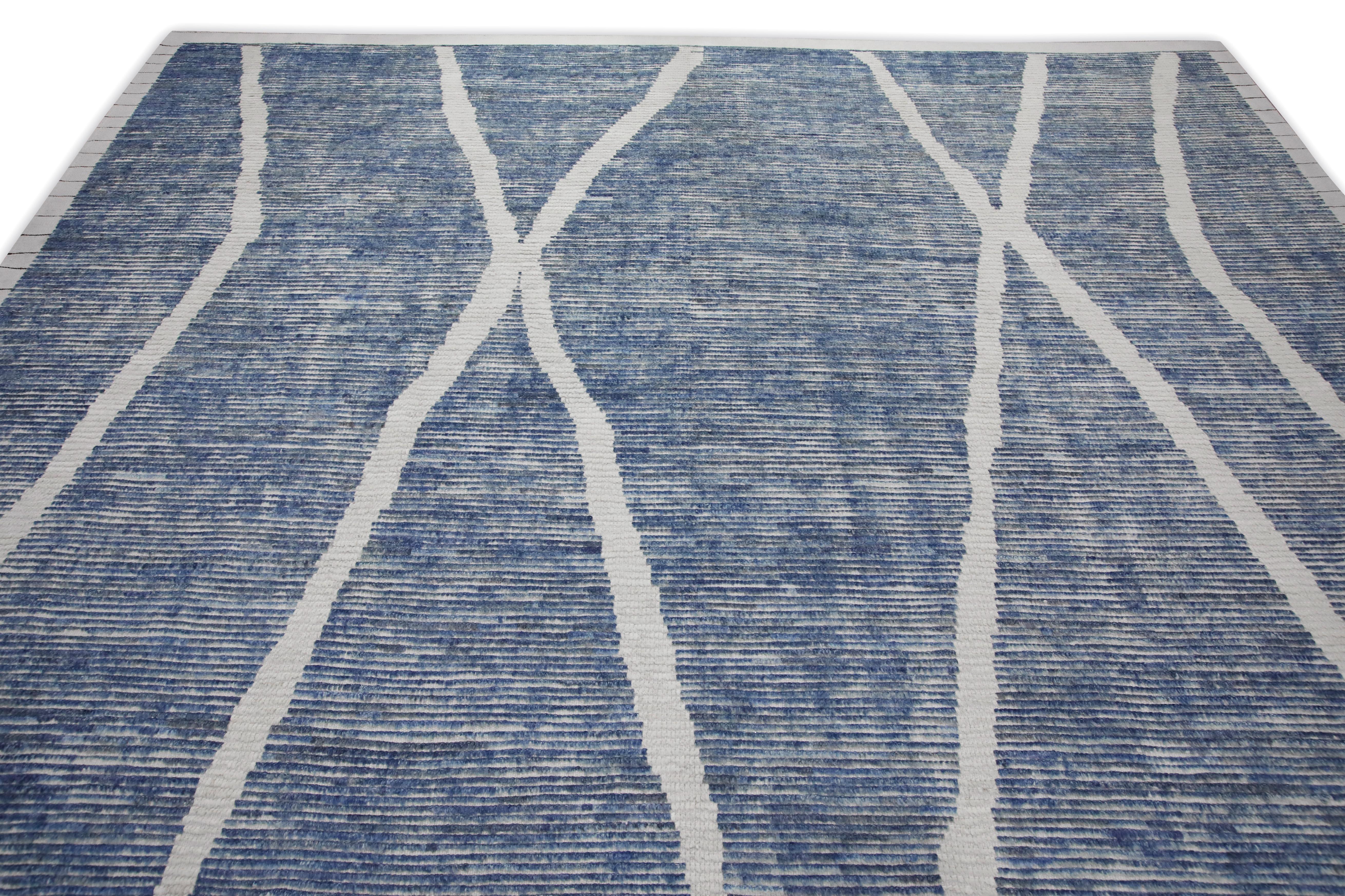 Vegetable Dyed Blue & White 21st Century Modern Moroccan Style Wool Rug 9'9