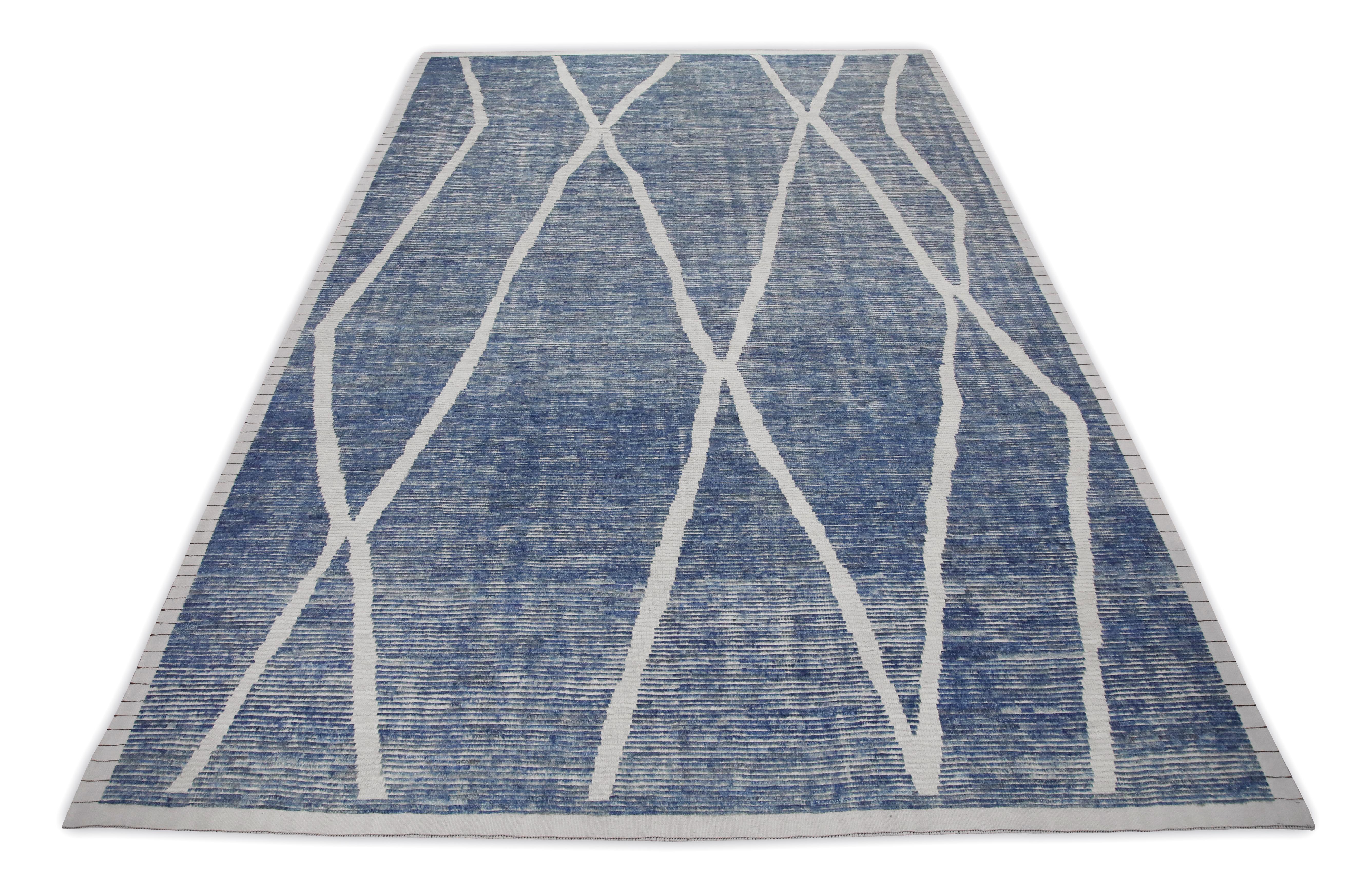 Contemporary Blue & White 21st Century Modern Moroccan Style Wool Rug 9'9