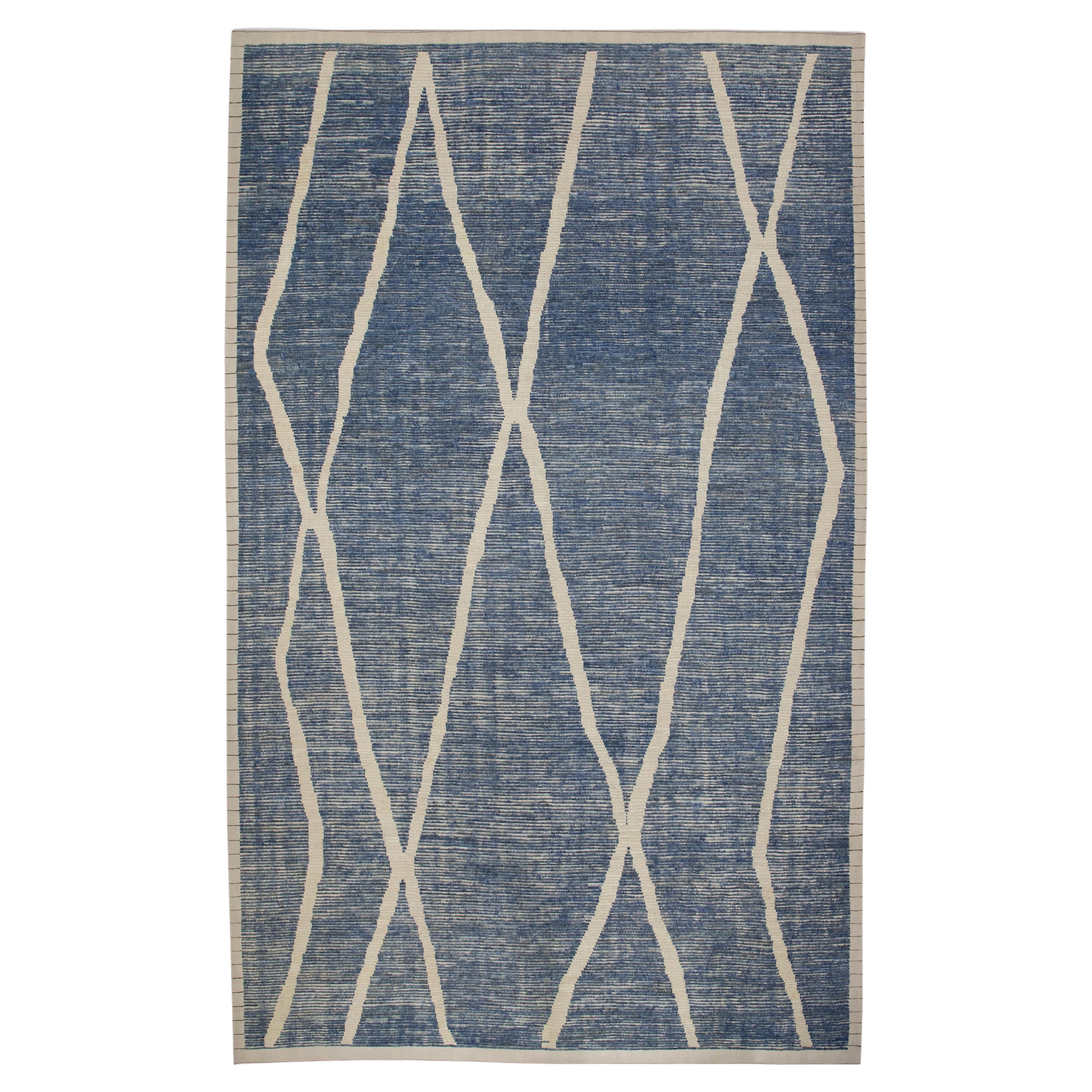 Blue & White 21st Century Modern Moroccan Style Wool Rug 9'9" X 14'5" For Sale