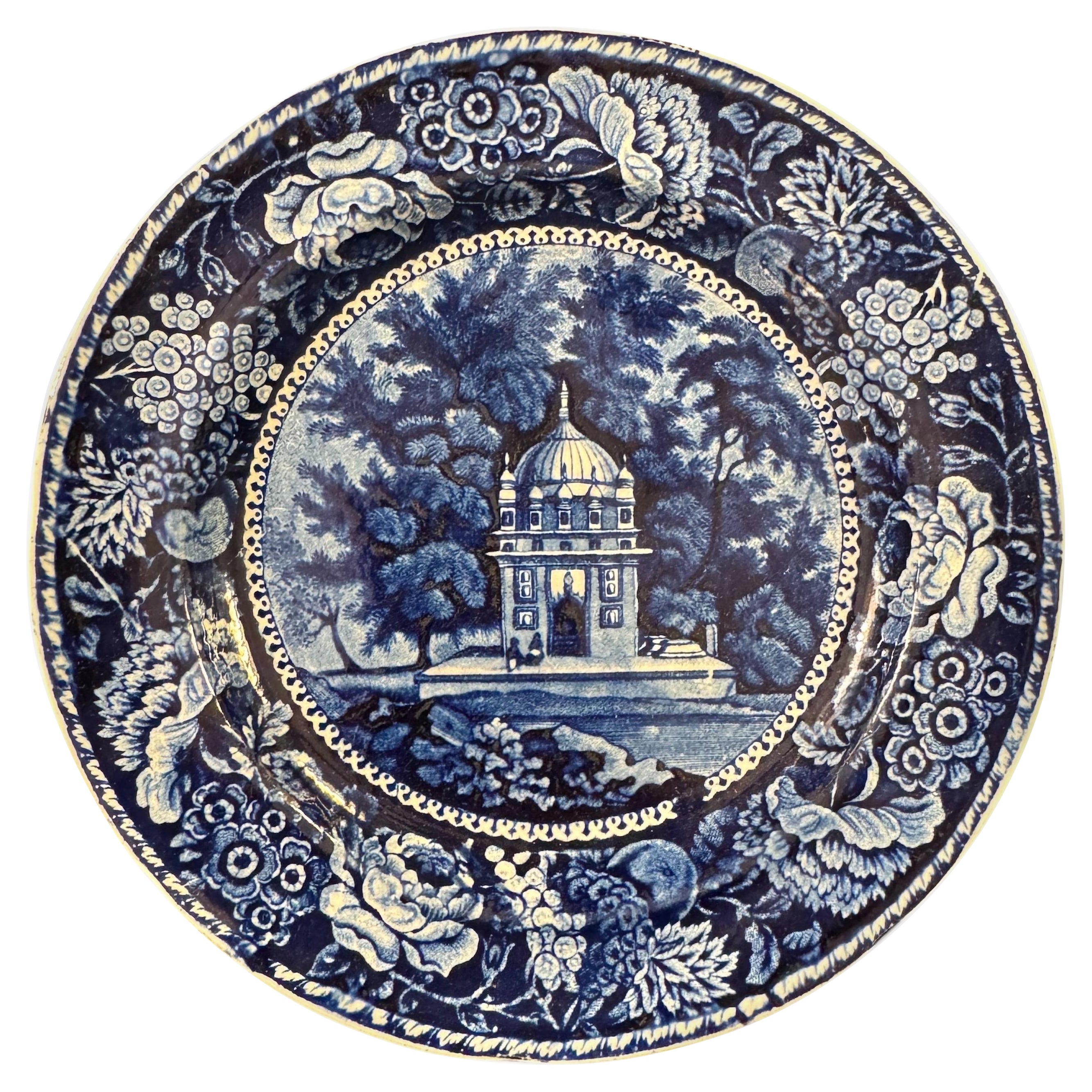 Blau-weißer 7,5-Zoll-Teller Teller John Hall & Sons Oriental Scenery- Tomb im Angebot