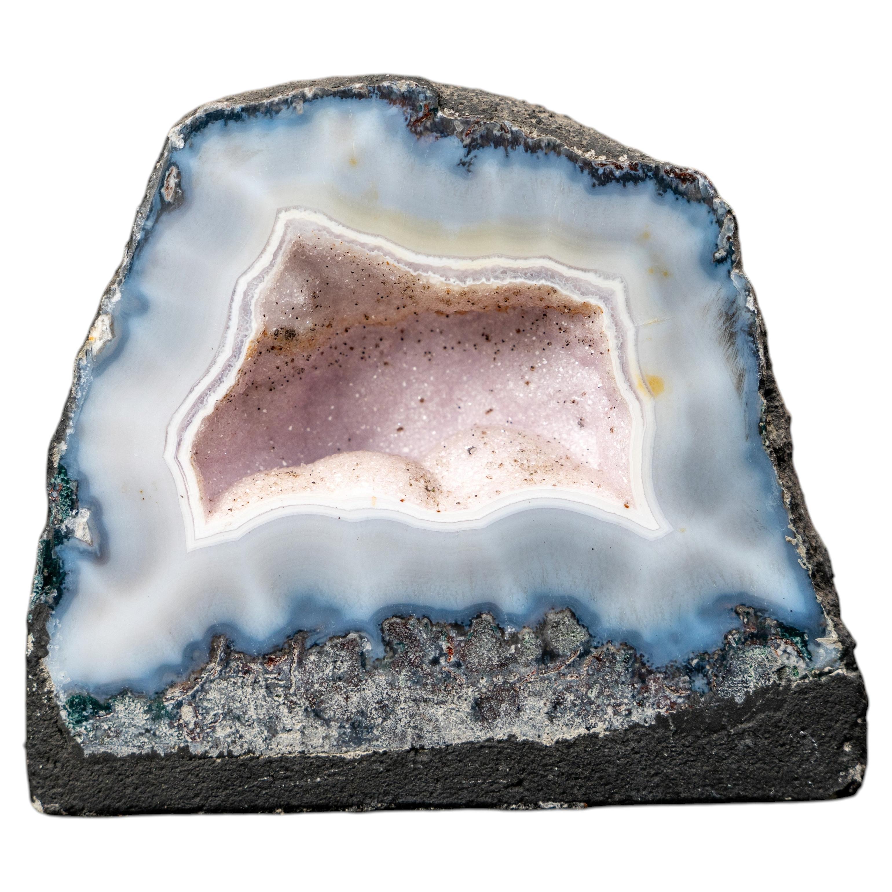 Blue & White Agate Geode with Cloud-Like Banding and Moss Inclusions For Sale