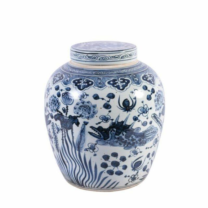 Blue & White Ancestor Lidded Jar Fish Motif

Shape: Jar
Color: Blue and White
Size (inches): 14W x 14D x 16H

Warranty Information: Each piece was handcrafted by skill and joy. Imperfection is part of the characters. Minor variation of