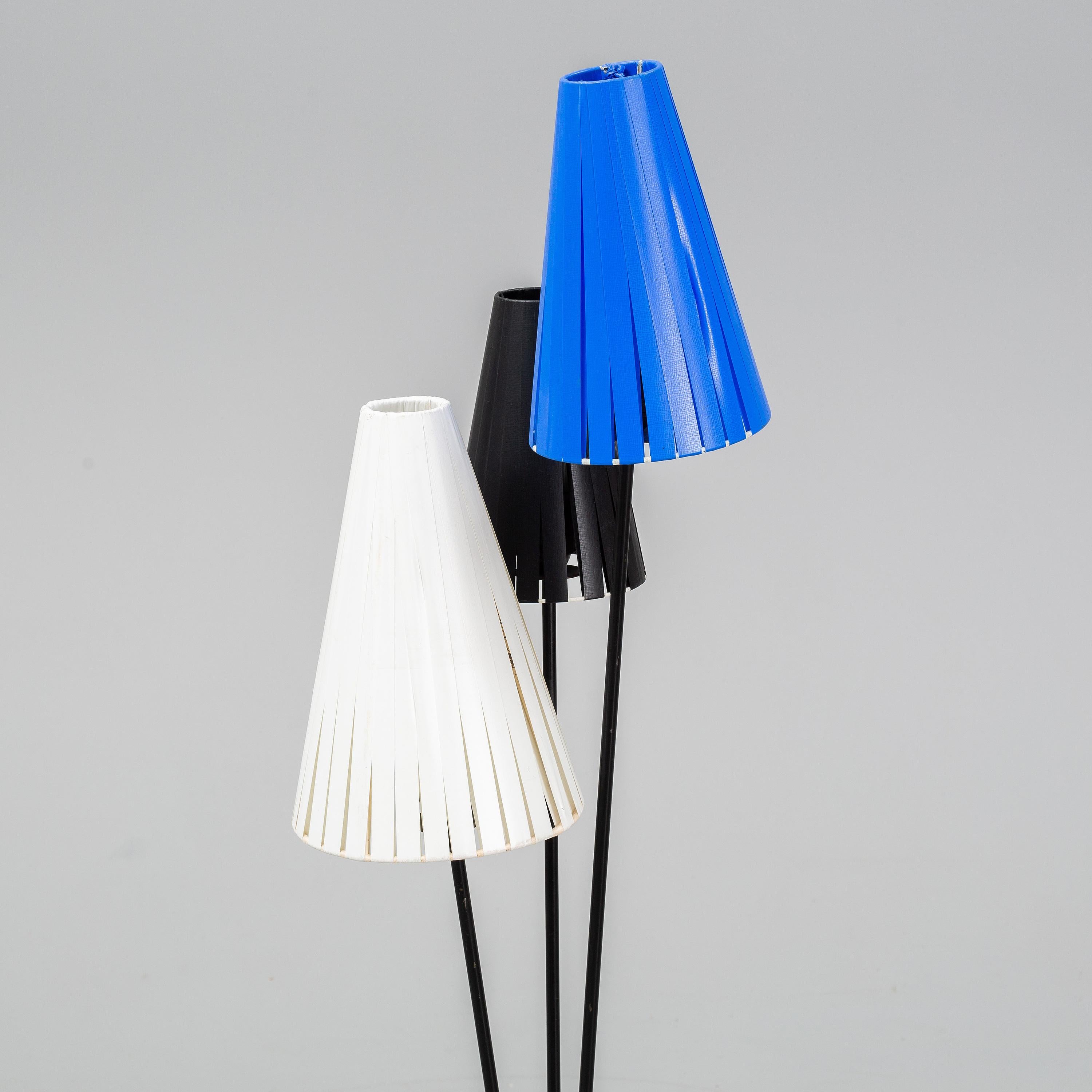 ONE YEAR ANNIVERSARY SALE! As a thank you for a great 1st year! Blue, white and black Swedish floor light from 1950s. Contains three shades and three bulb sockets and brass details. In great vintage condition, fun addition.