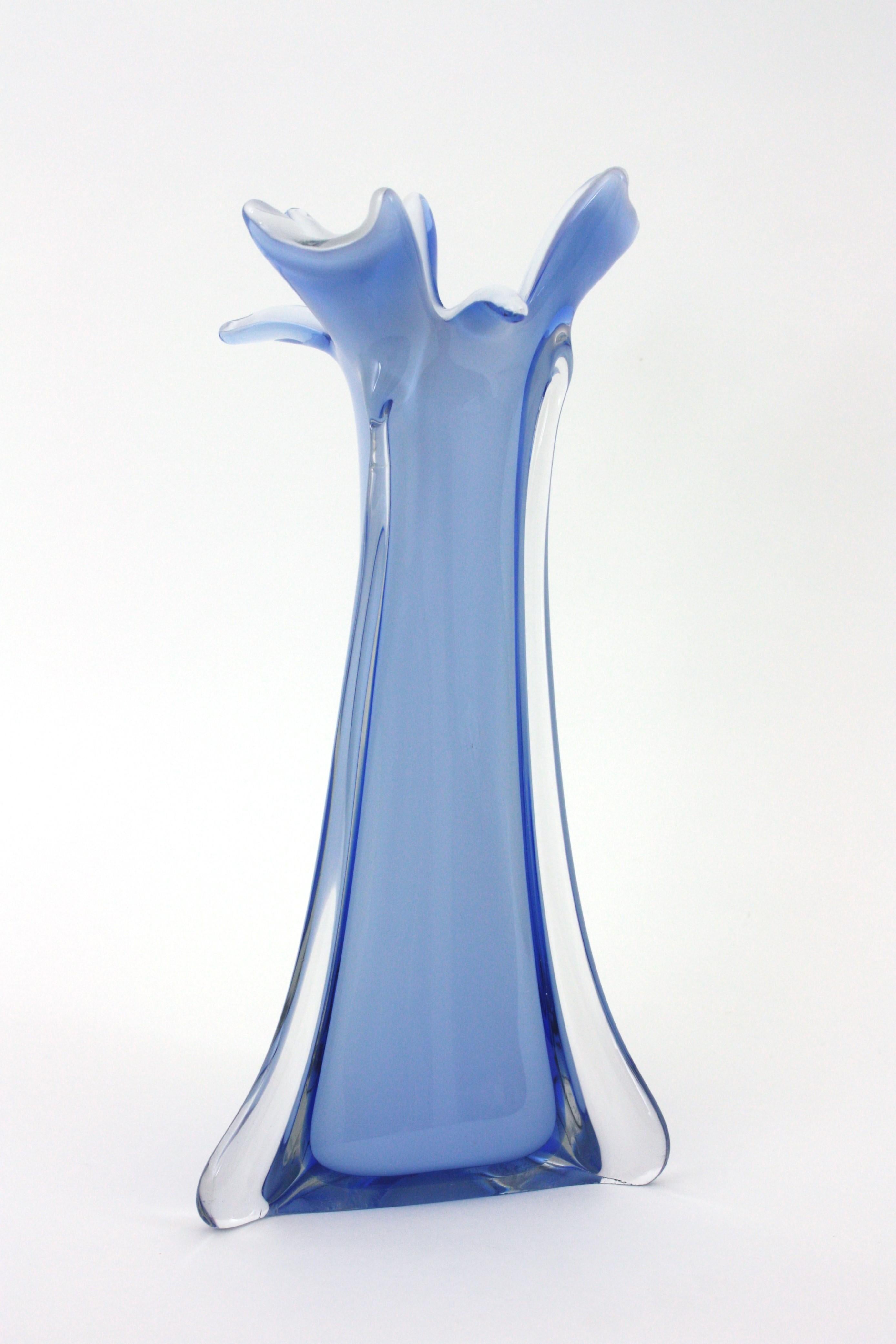 Sky Blue and Royal Blue Murano Glass Sommerso Tall Vase, Italy, 1950s.
A gorgeous Murano glass Sommerso vase in shades of blue and organic design. The interior part is made in white opaline glass and the exterior part is made in soft sky blue with a