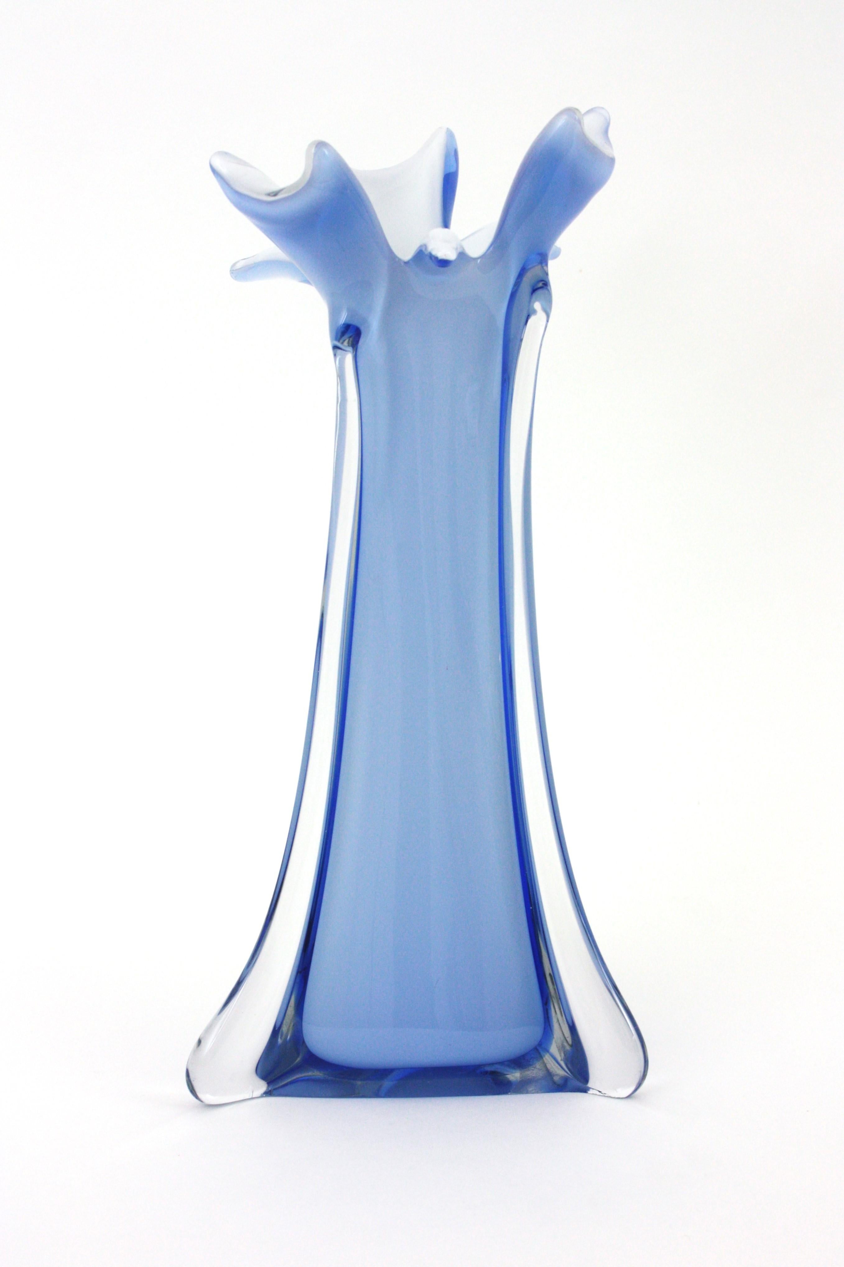 Hand-Crafted Blue White and Clear Murano Glass Sommerso Vase, Italy 1950 For Sale
