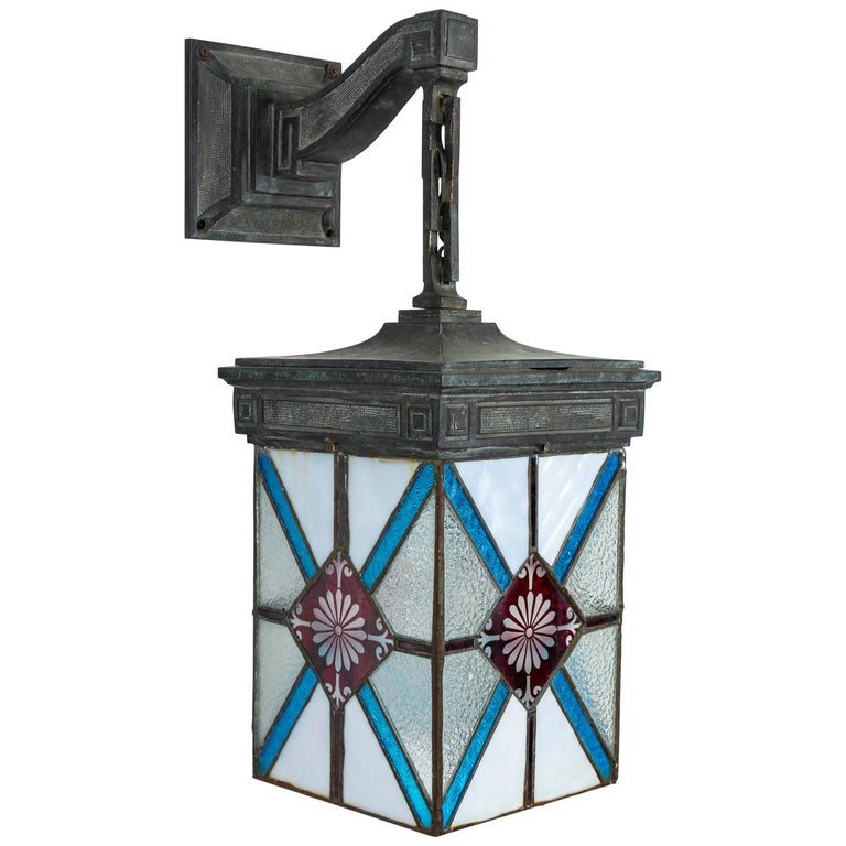 Blue, White and Deep Red Stained Glass and Bronze Lantern Sconce