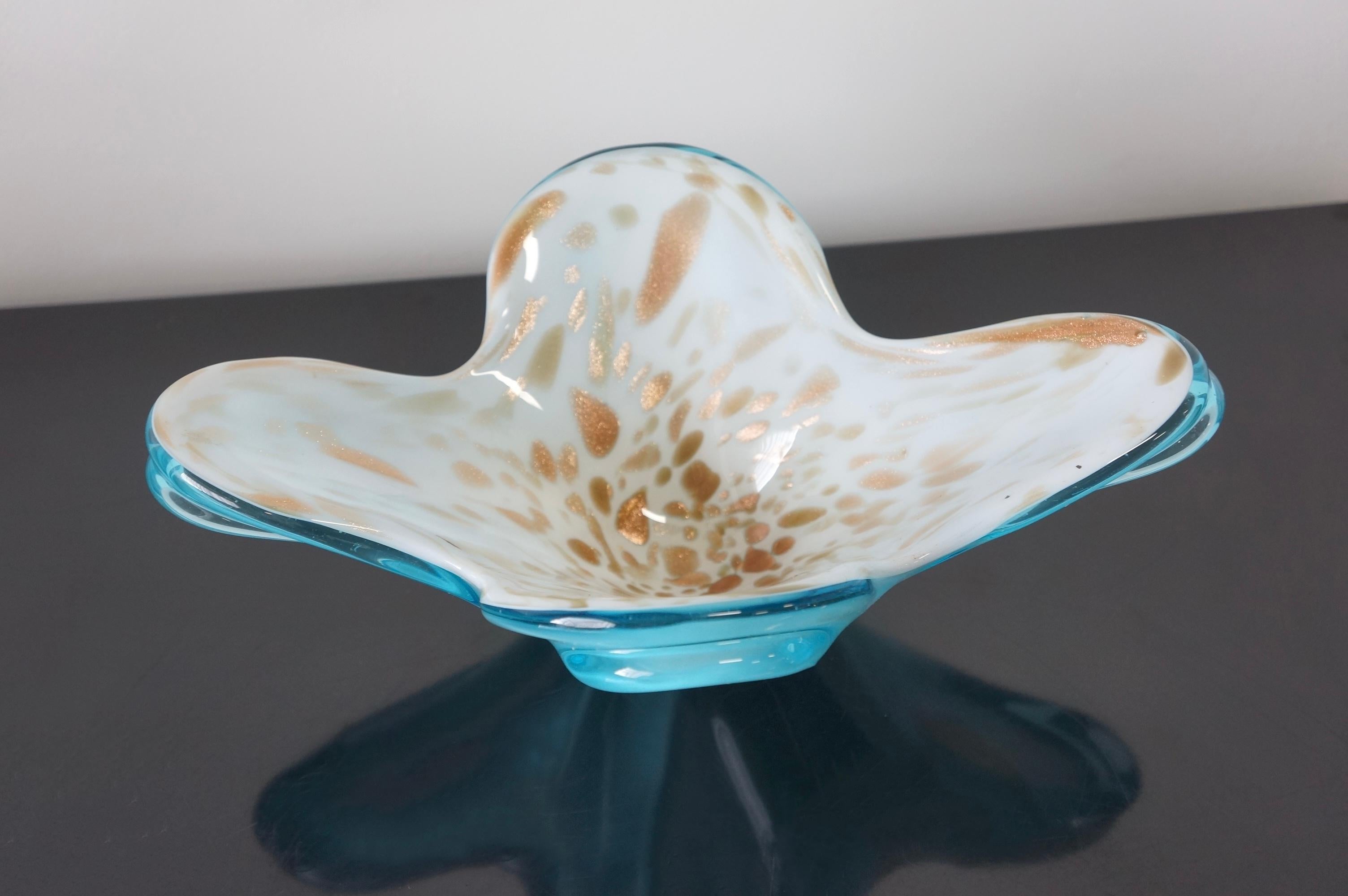 Mid-Century Modern Blue White and Gold Murano Art Glass Decorative Bowl For Sale