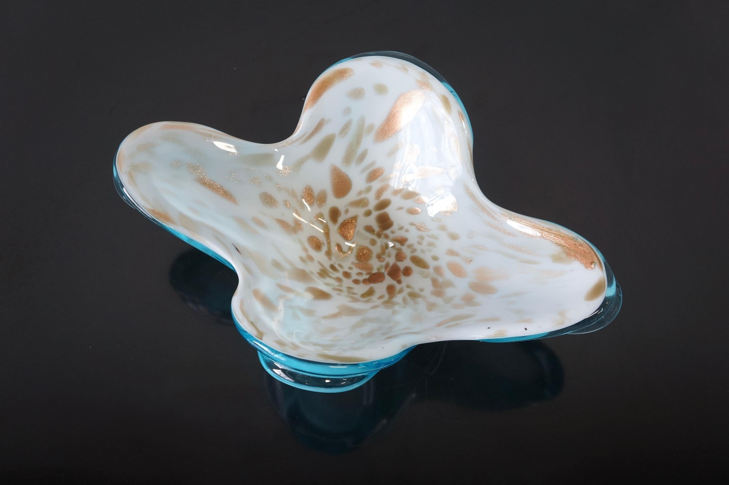 Italian Blue White and Gold Murano Art Glass Decorative Bowl For Sale