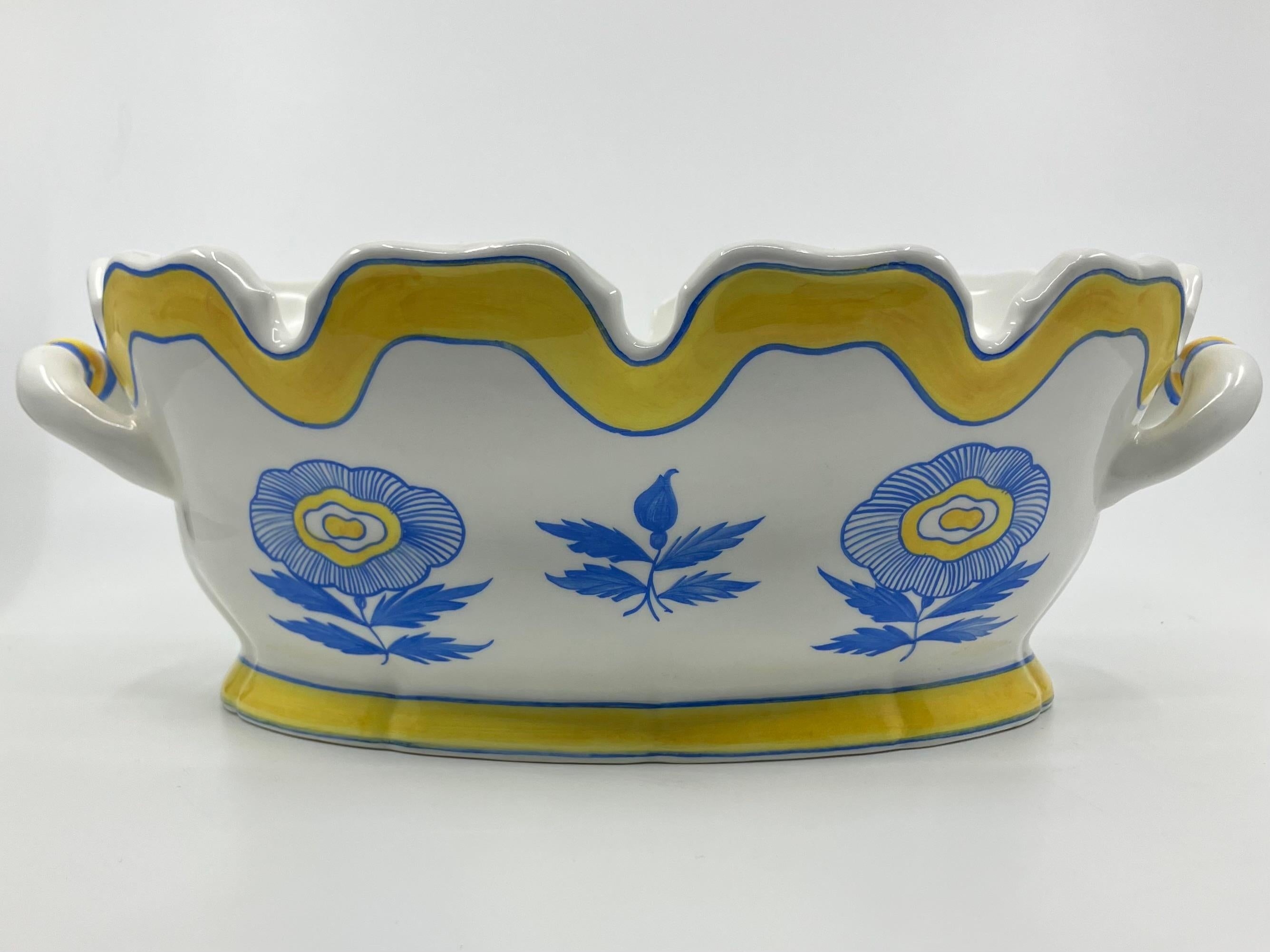 Glazed Blue, White and Yellow Tiffany & Co. Montieth Cachepot For Sale