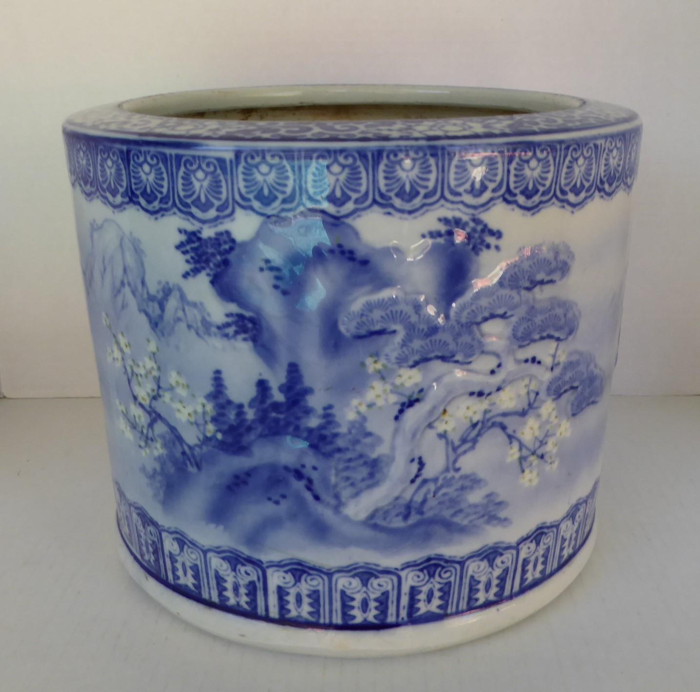 Modern Blue & White Barrel Shaped Japanese Ceramic Hibachi Plum Blooms and Pine Trees