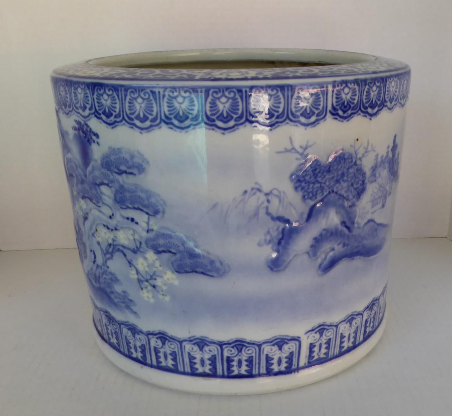 Glazed Blue & White Barrel Shaped Japanese Ceramic Hibachi Plum Blooms and Pine Trees