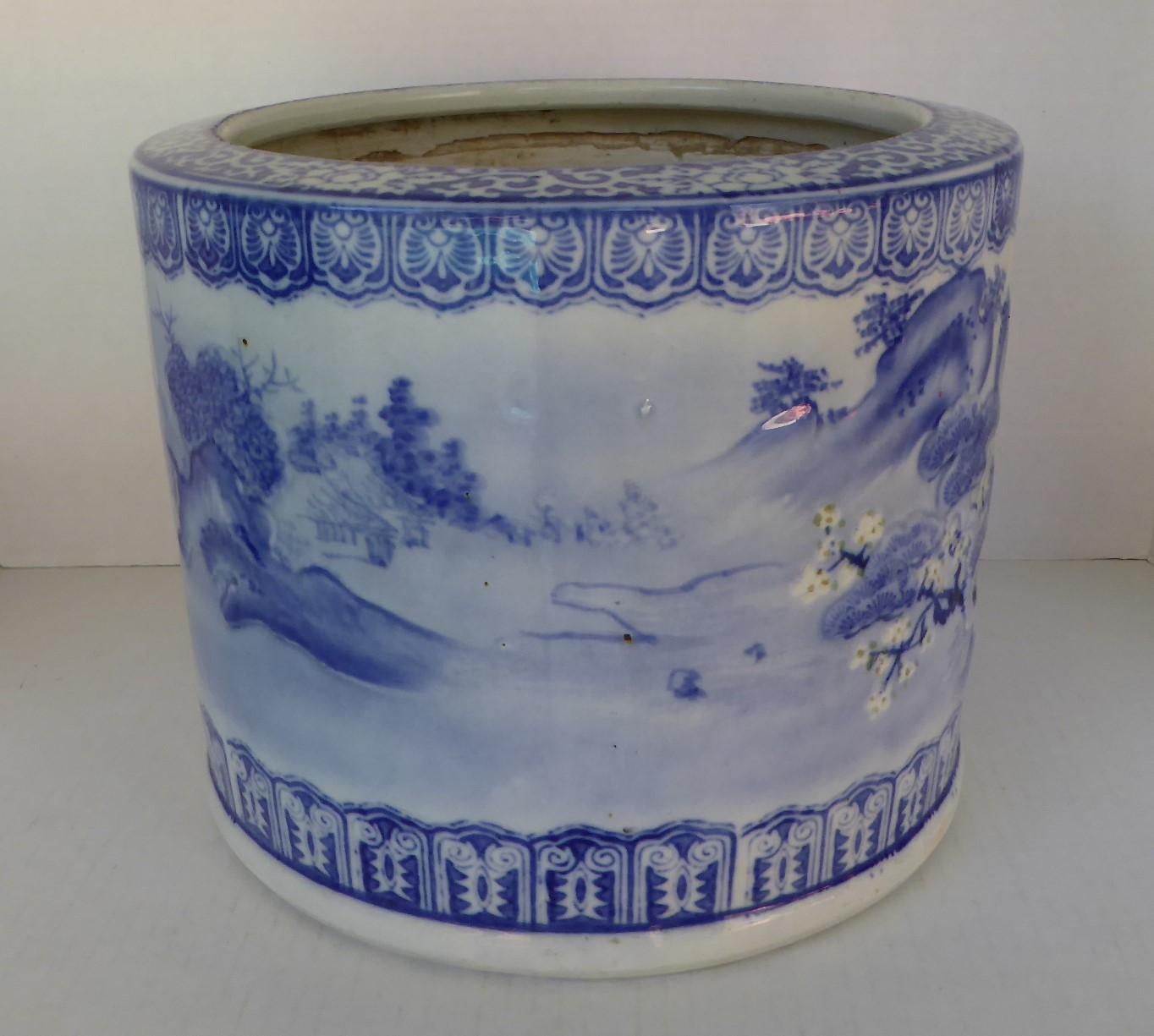 Blue & White Barrel Shaped Japanese Ceramic Hibachi Plum Blooms and Pine Trees In Good Condition In Miami, FL