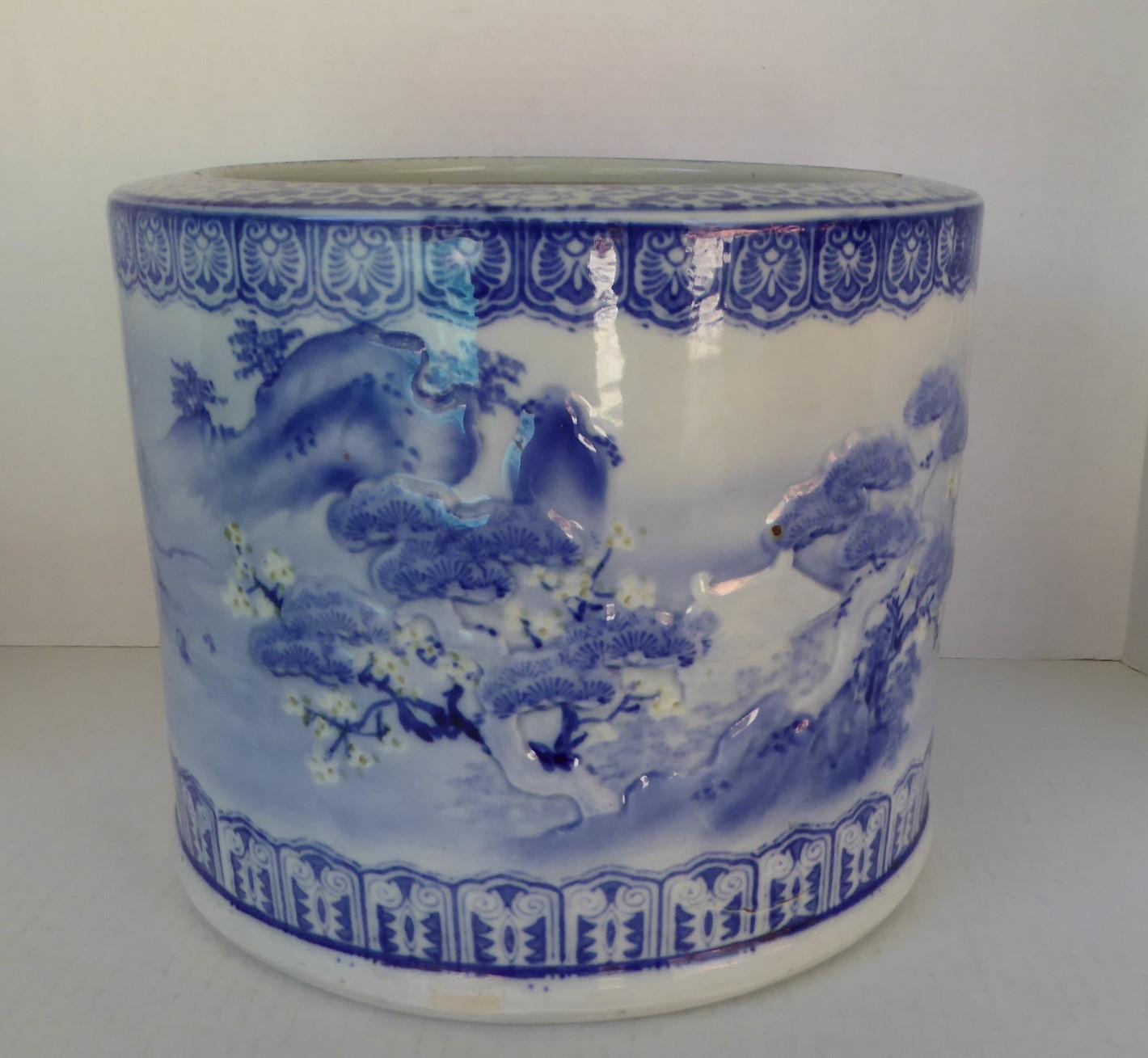 Mid-20th Century Blue & White Barrel Shaped Japanese Ceramic Hibachi Plum Blooms and Pine Trees