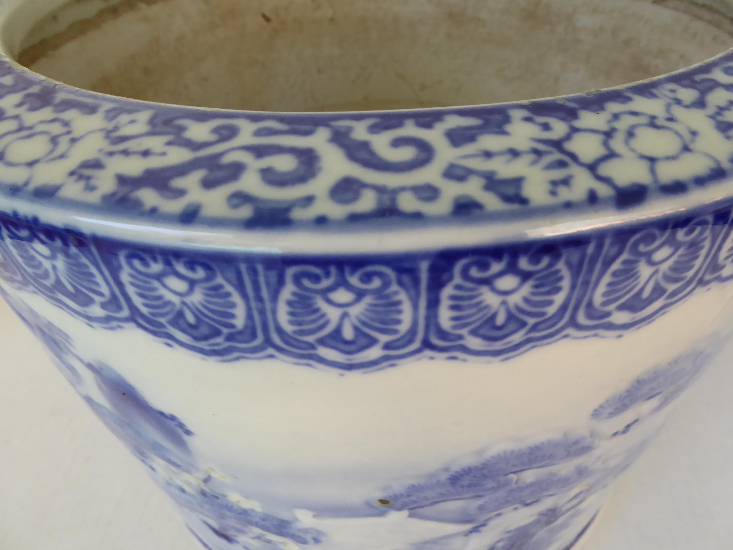 Blue & White Barrel Shaped Japanese Ceramic Hibachi Plum Blooms and Pine Trees 2