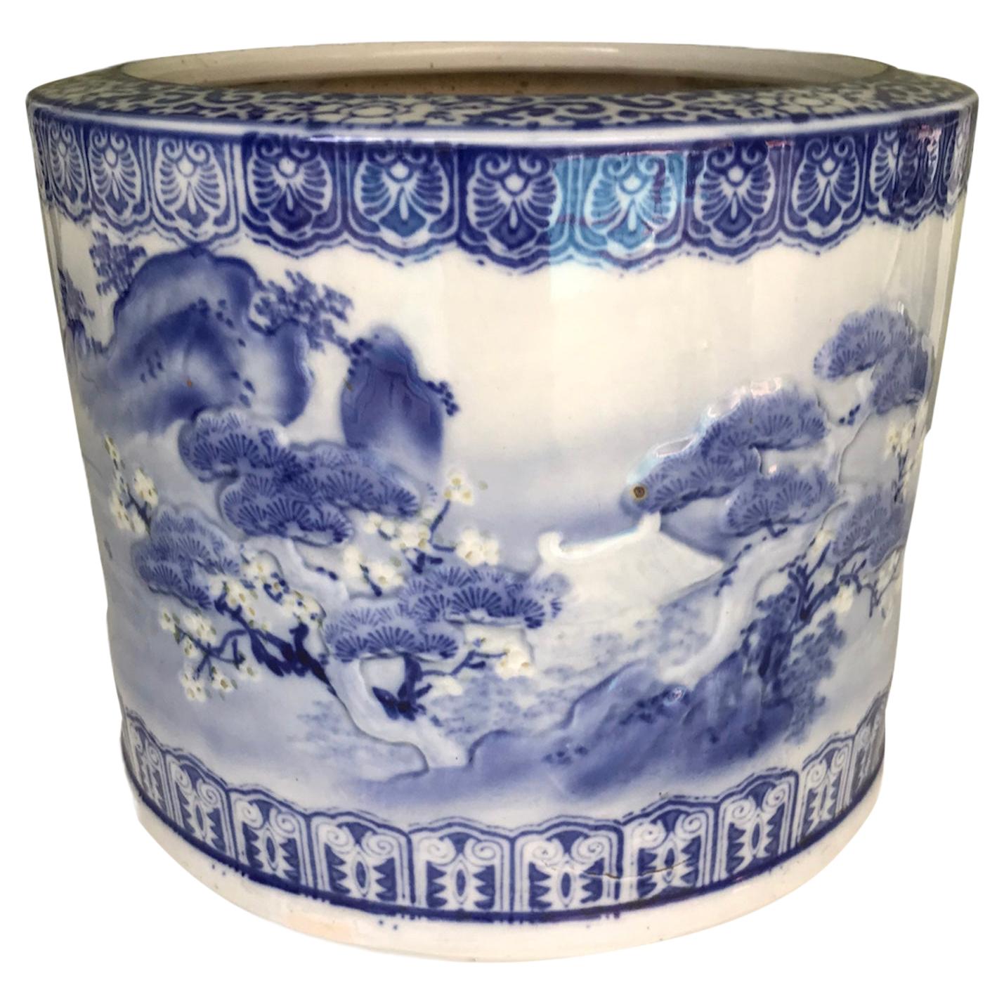 Blue & White Barrel Shaped Japanese Ceramic Hibachi Plum Blooms and Pine Trees