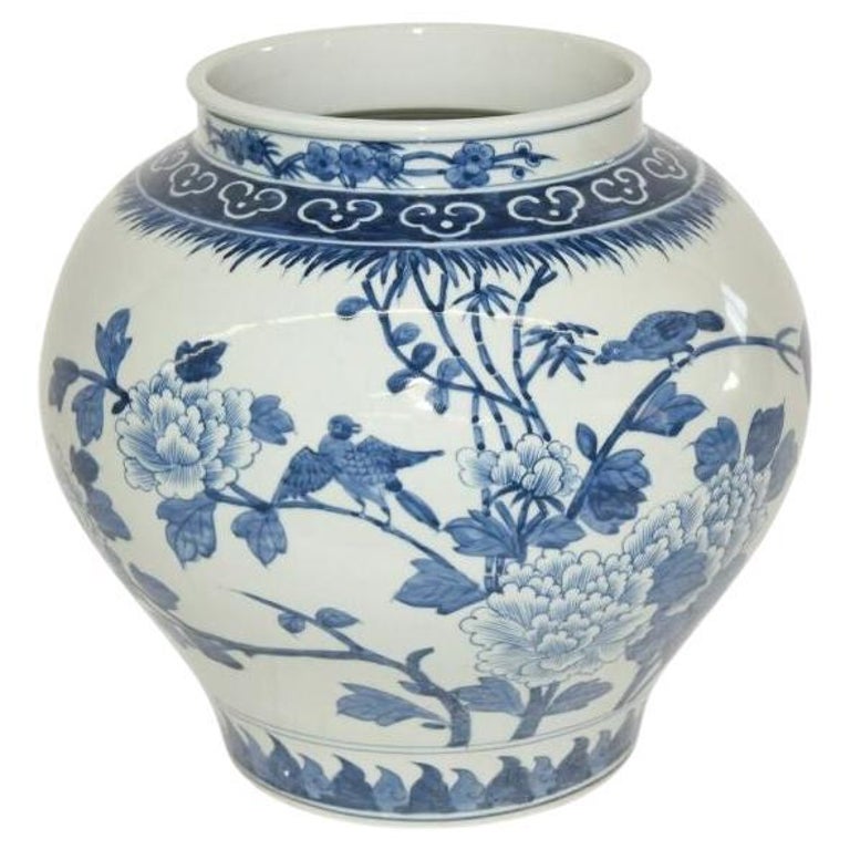 Blue and White Reproduction Jar with Bird and Flowers