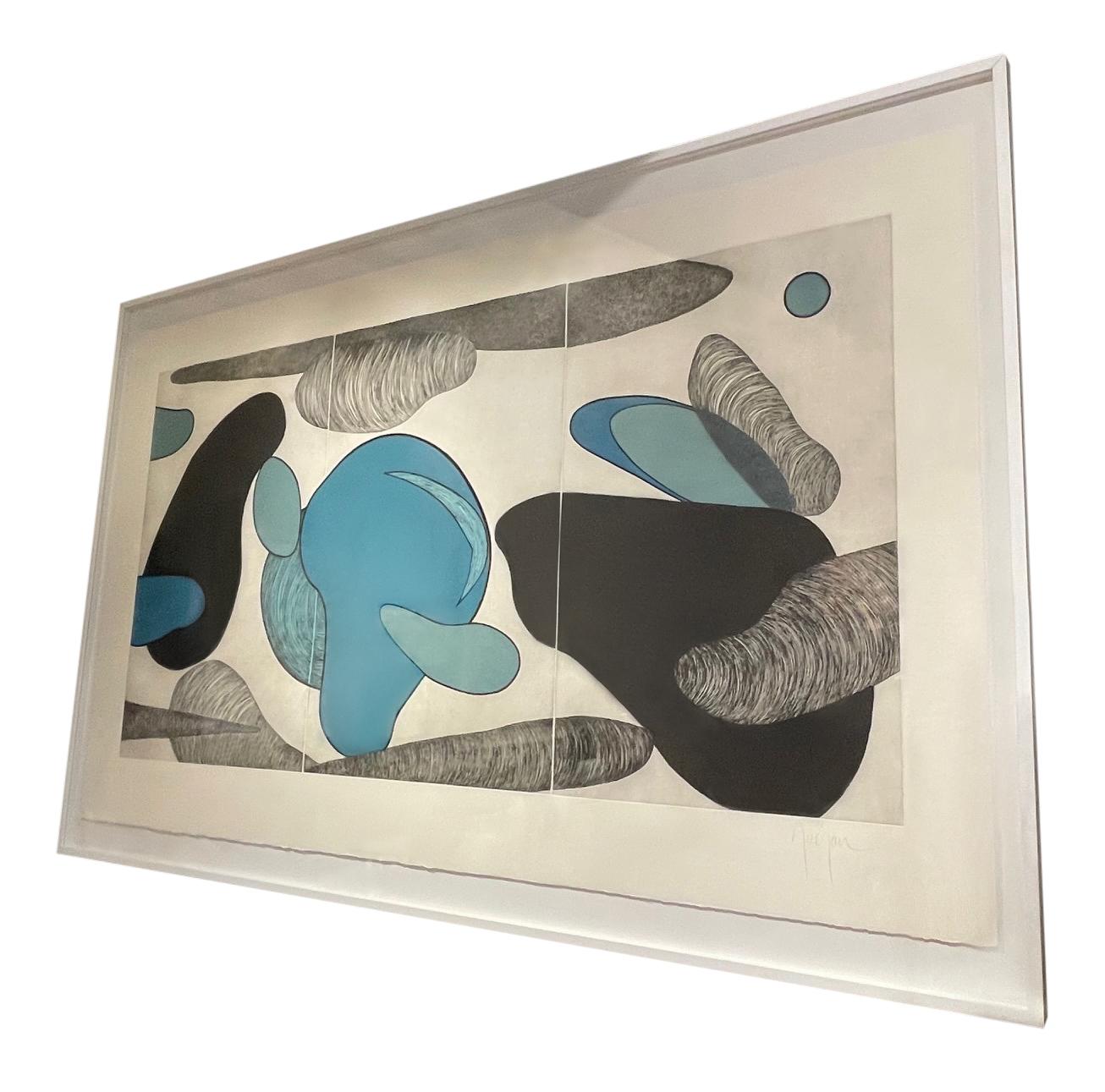 Zeitgenössische französische Künstlerin Marielle Guegan EXTRA EXTRA großes Triptychon.
Kombination aus Malerei und Gravur.
Weißer Rahmen mit Acryloberfläche.