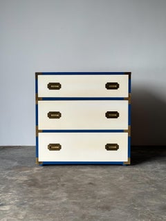 Blue & White Campaign Chest of Drawers with Brass Hardware, 1970s