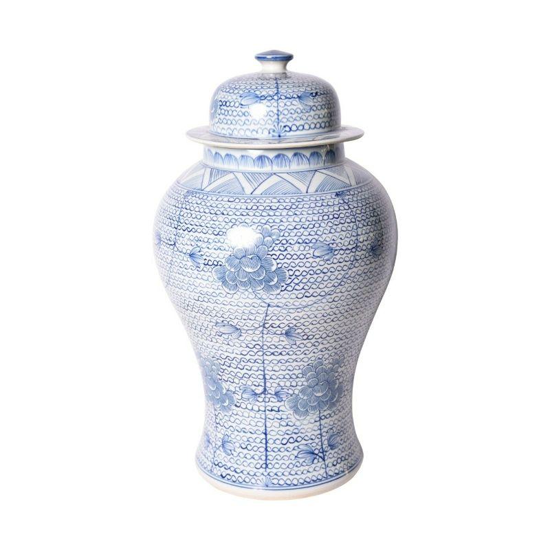 Chinese Chippendale Blue & White Chain Temple Jar, Large For Sale
