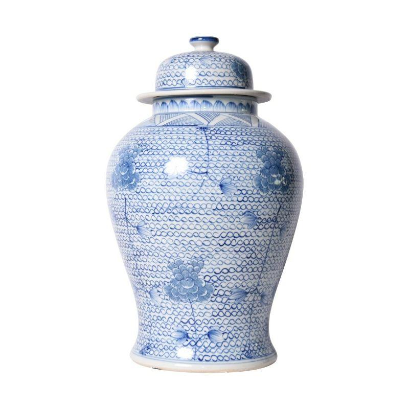 Blue & white chain temple jar - 2 sizes

The special antique process makes it looks like a piece of art from a museum. 
High fire porcelain, 100% hand shaped, hand painted. Distress, chips and other imperfections create great characters of this