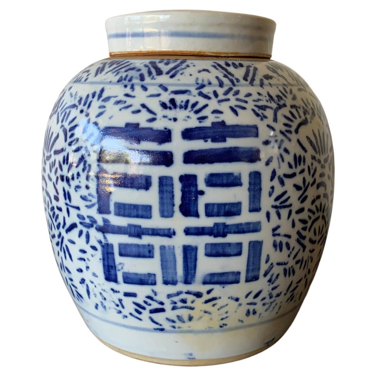 Blue & White Chinese Ceramic Ginger Jar with Calligraphy, Early 20th Century For Sale