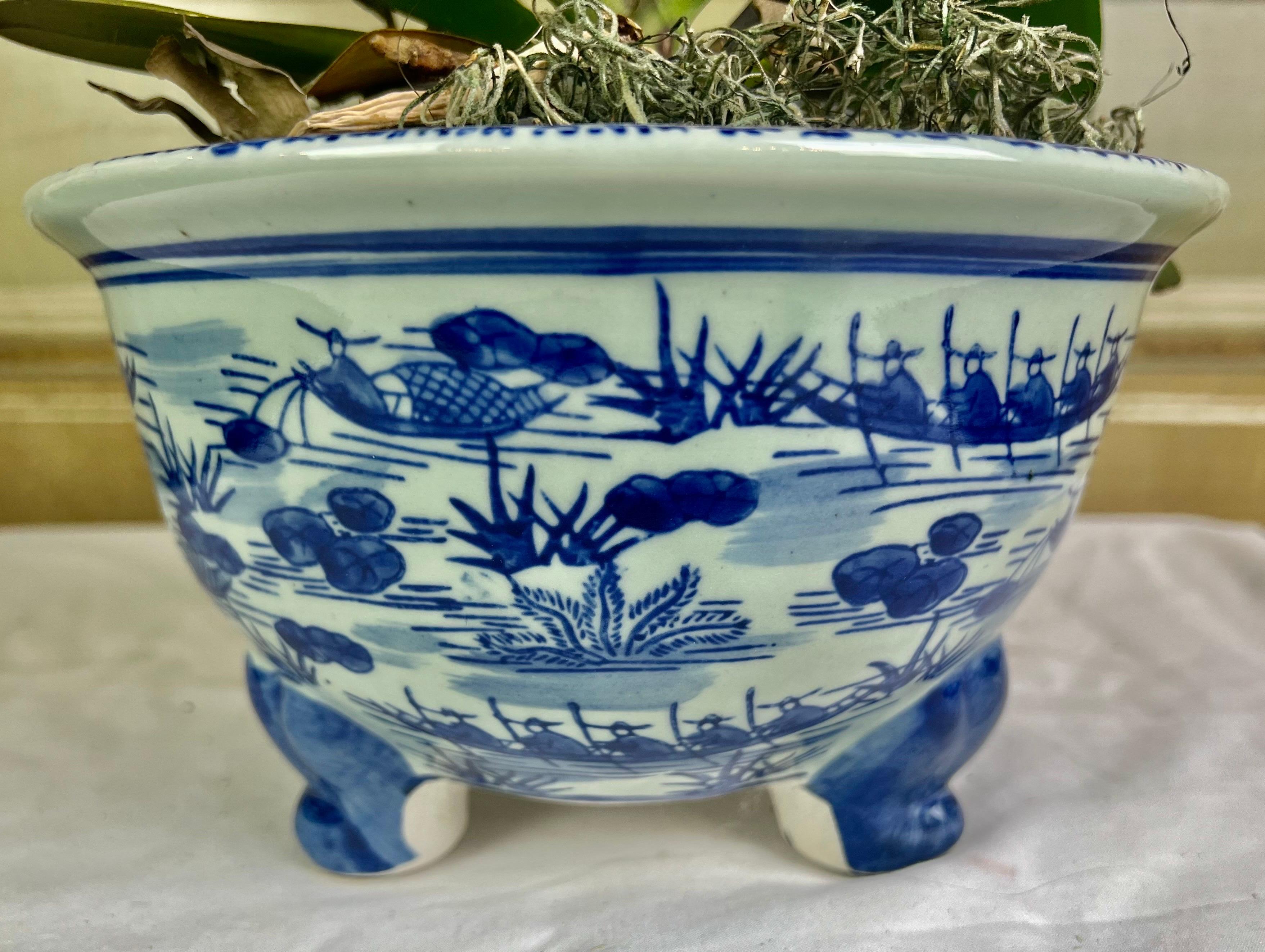 Glazed Blue & White Chinese Export Orchid Pot For Sale