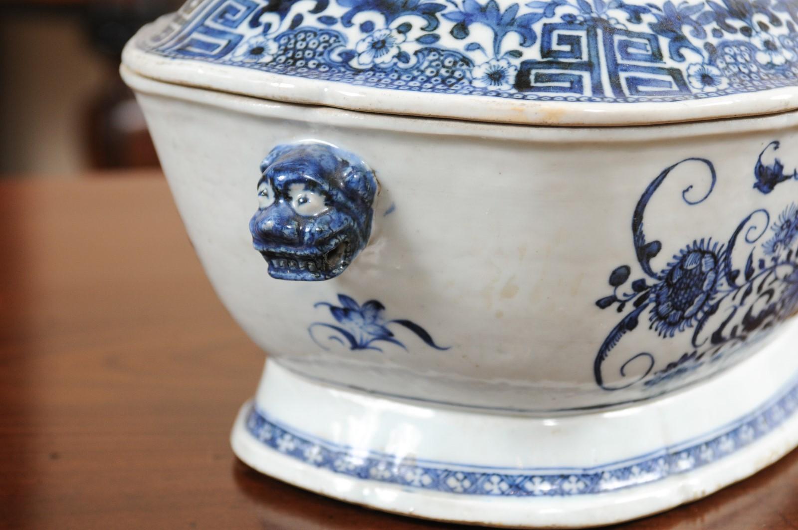 Blue & White Covered Tureen with Greek Key Design & Tiger Head Handles  5