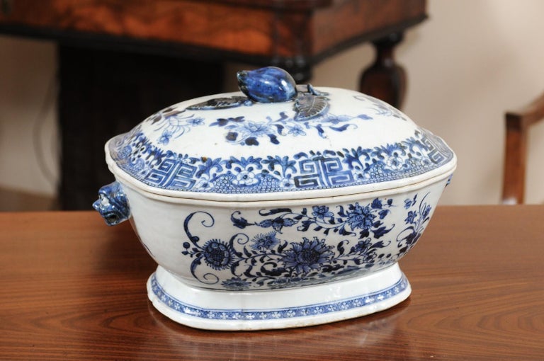 Blue and White Covered Tureen with Greek Key Design and Tiger Head