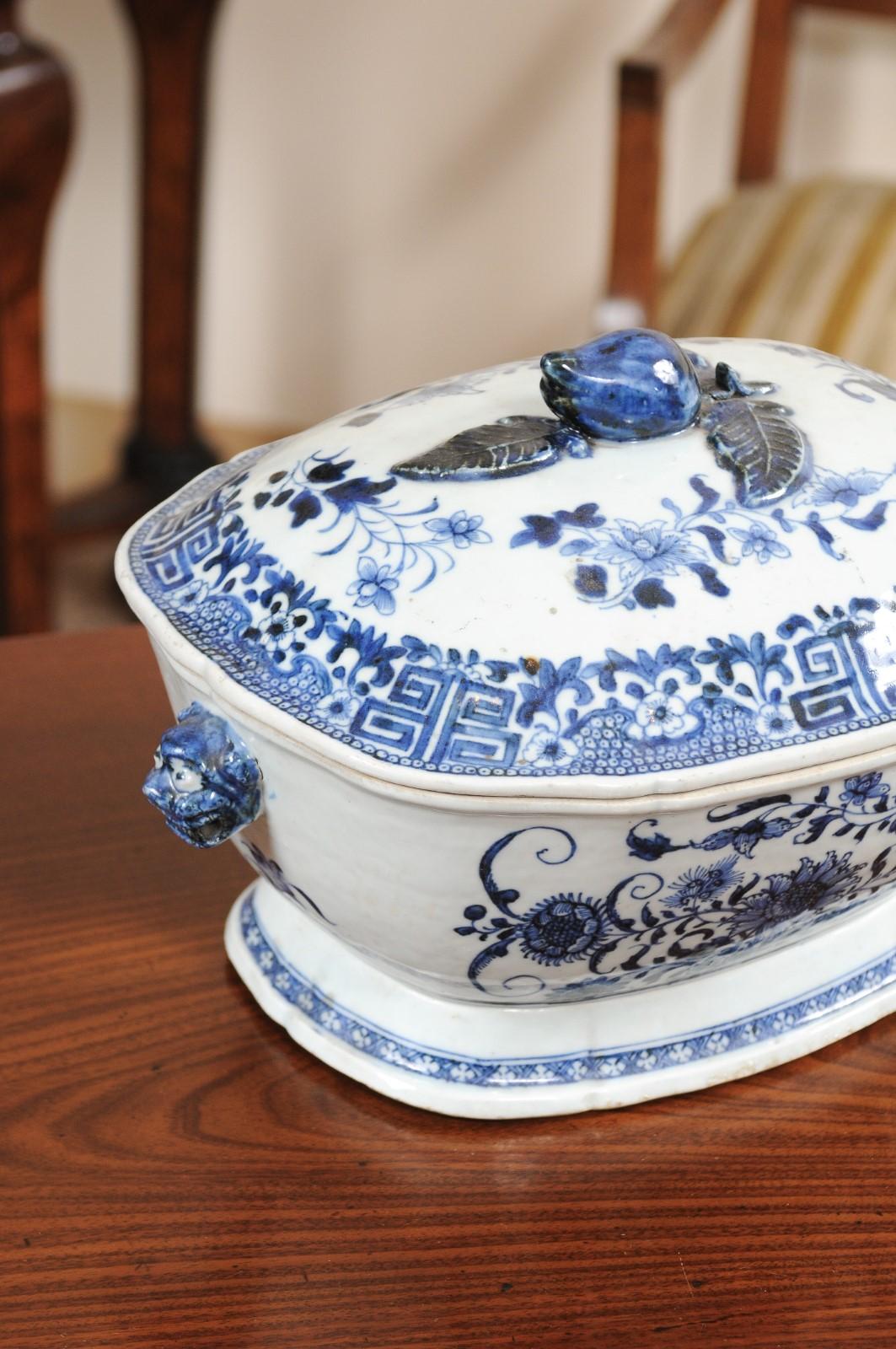 Blue & White Covered Tureen with Greek Key Design & Tiger Head Handles  In Good Condition In Atlanta, GA