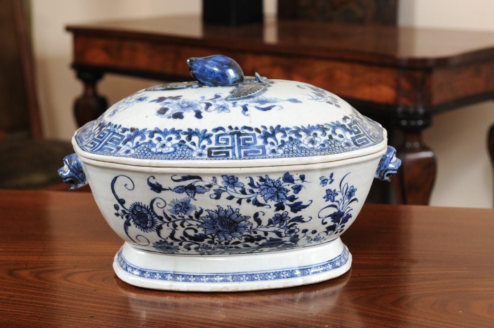 18th Century Blue & White Covered Tureen with Greek Key Design & Tiger Head Handles 