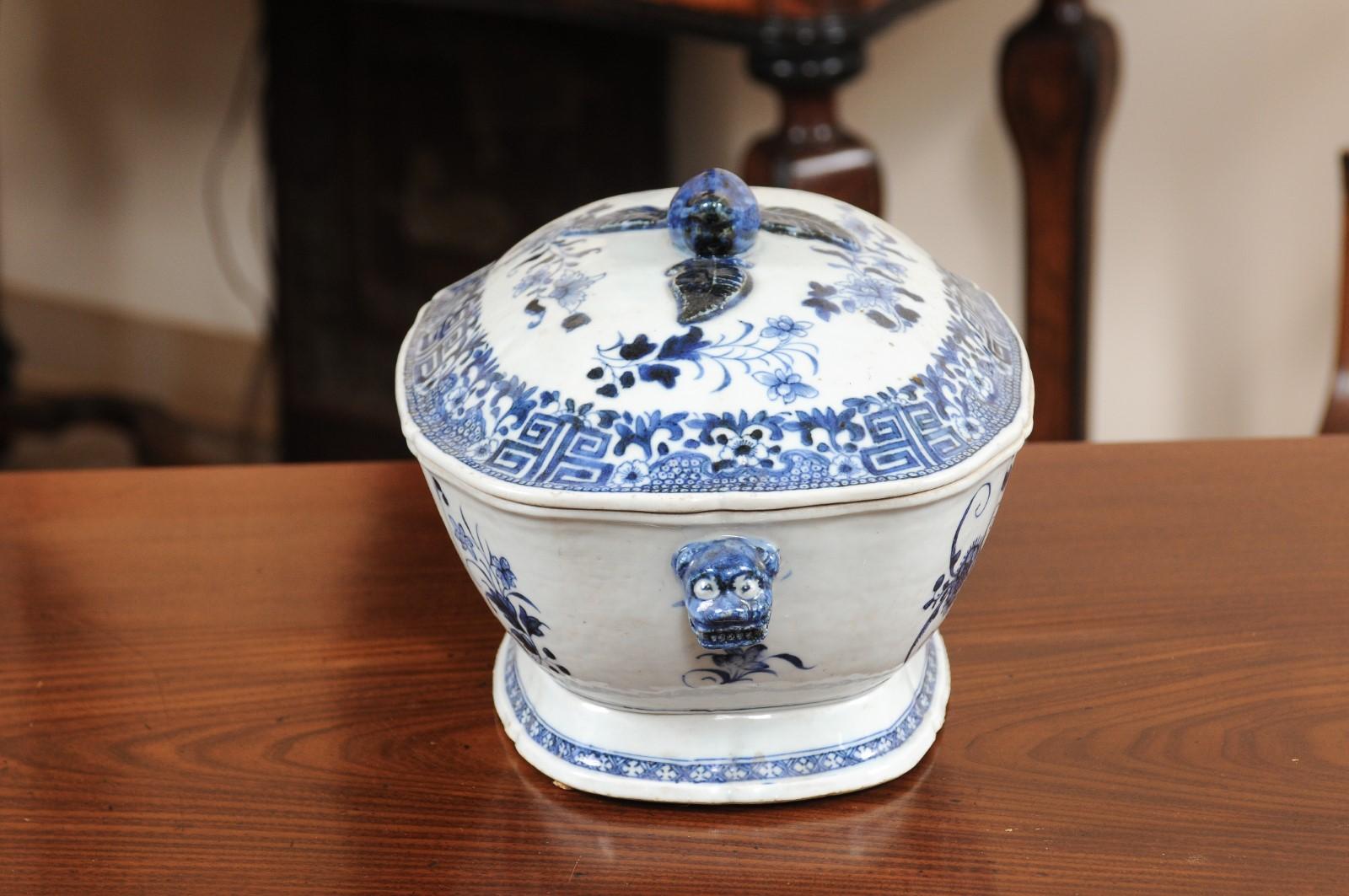 Porcelain Blue & White Covered Tureen with Greek Key Design & Tiger Head Handles