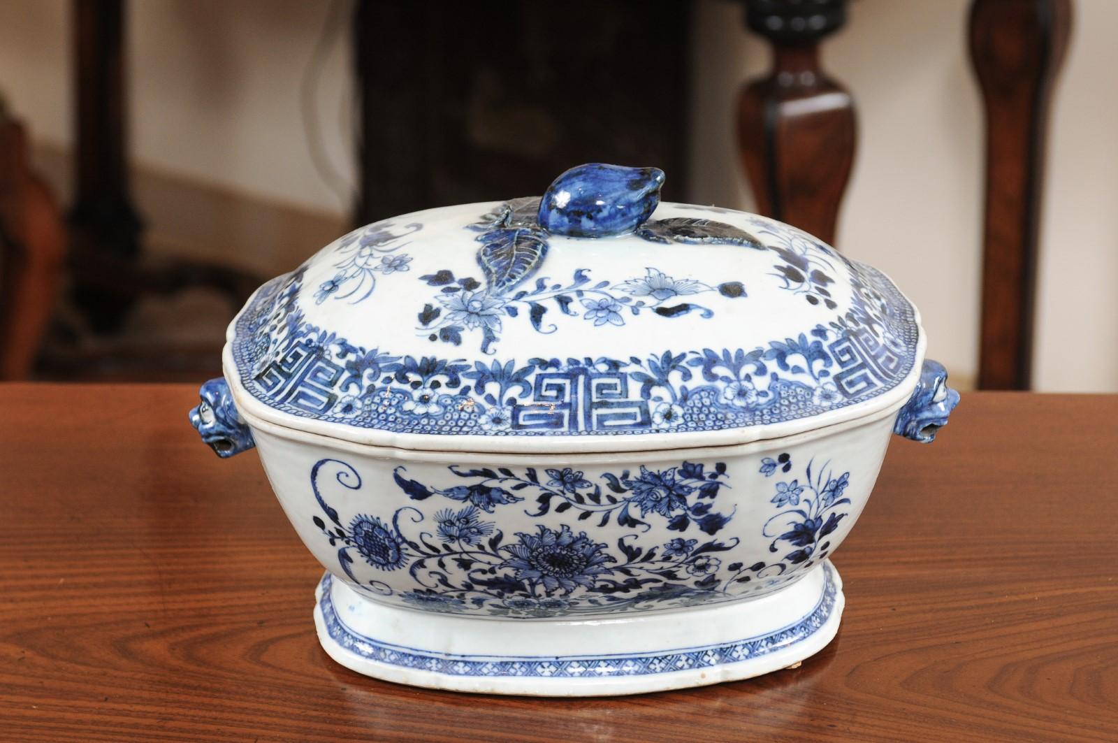 Blue & White Covered Tureen with Greek Key Design & Tiger Head Handles  1