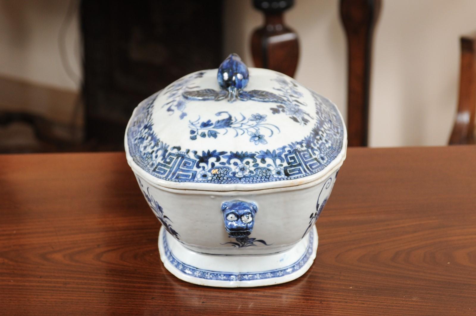 Blue & White Covered Tureen with Greek Key Design & Tiger Head Handles  2
